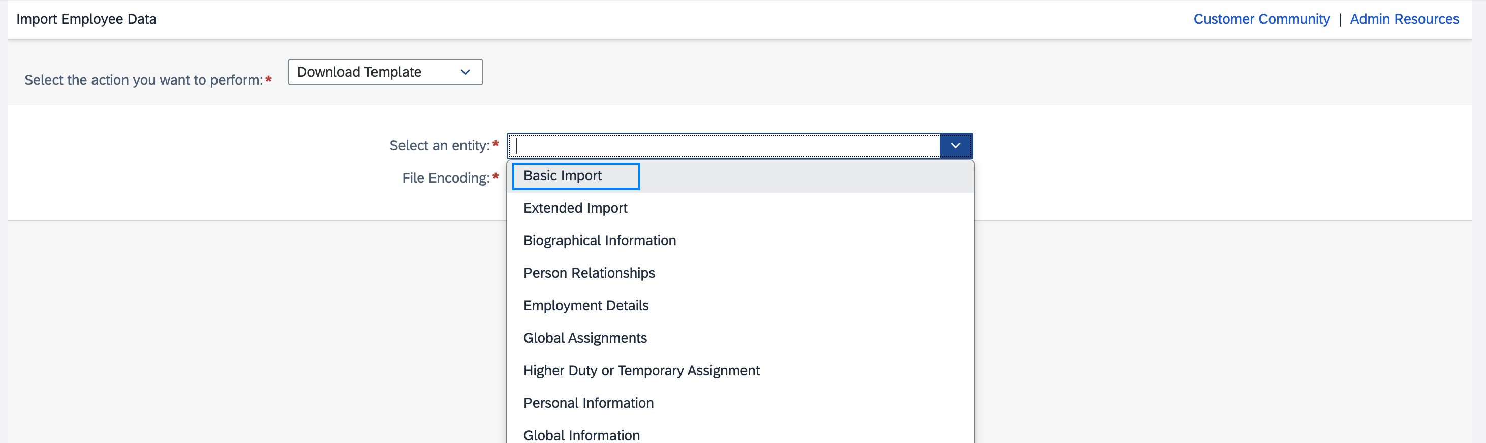 Selecting Basic Import as the entity