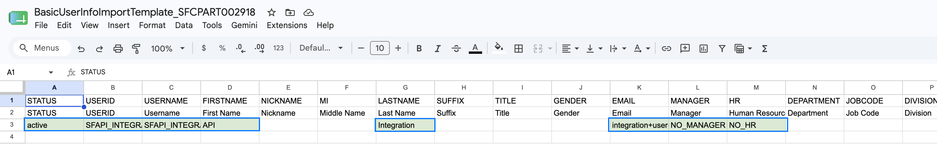 Example CSV with the integration user row