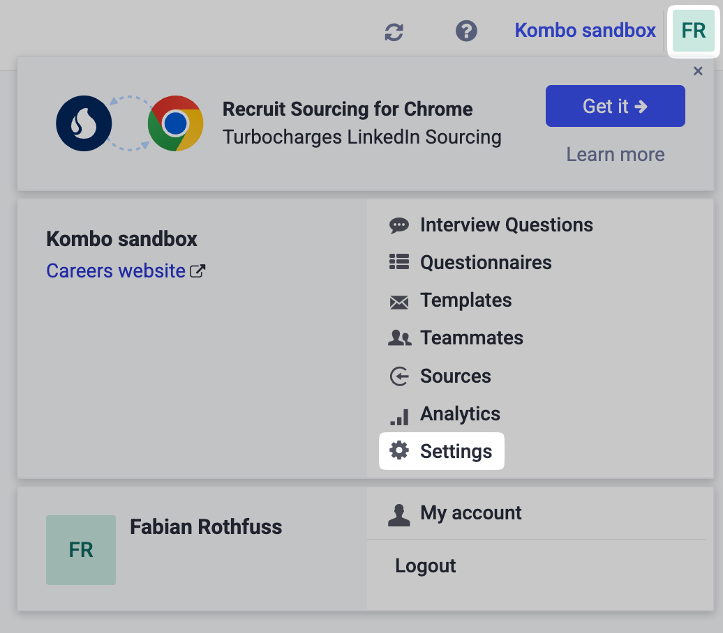 Settings under the profile in Spark Hire Recruit