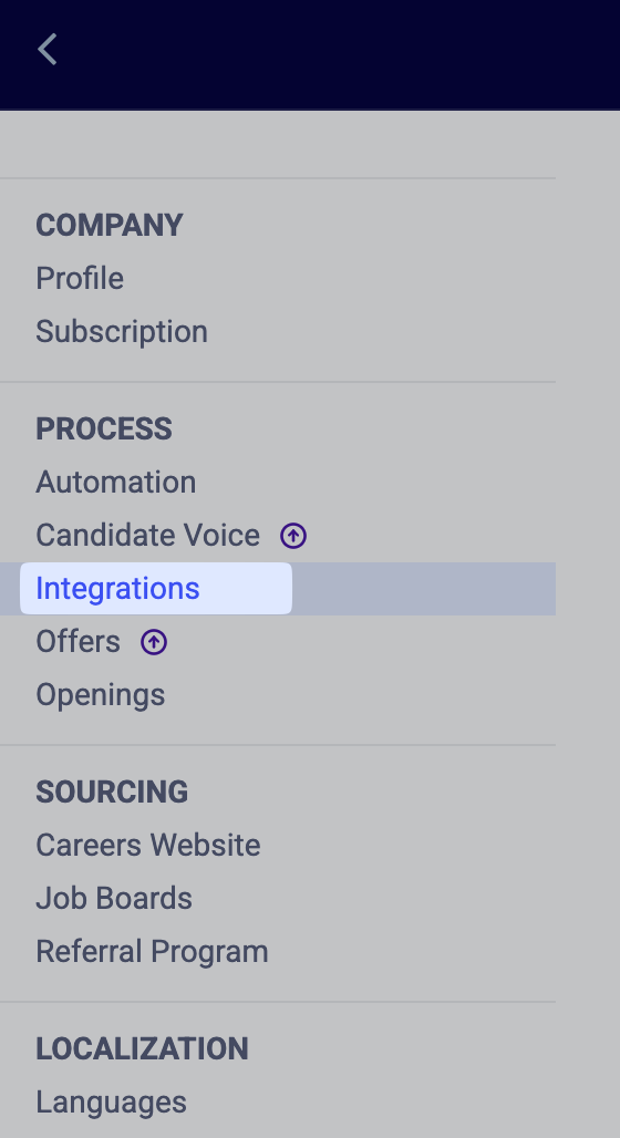 Integrations section in settings