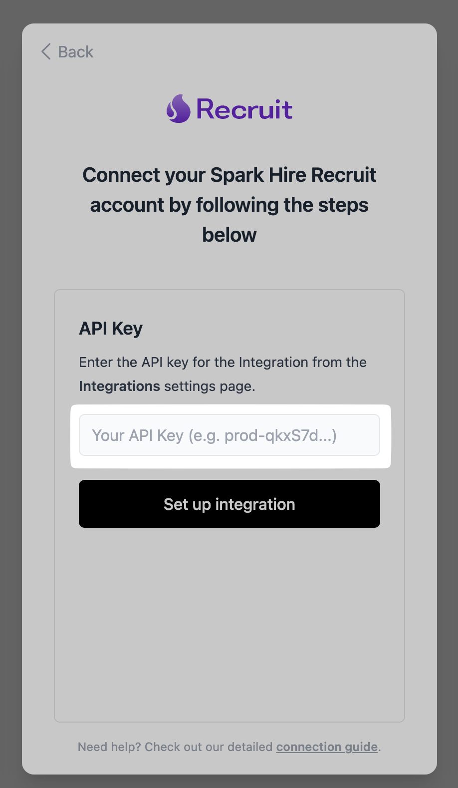 Pasting the API key into the connection flow
