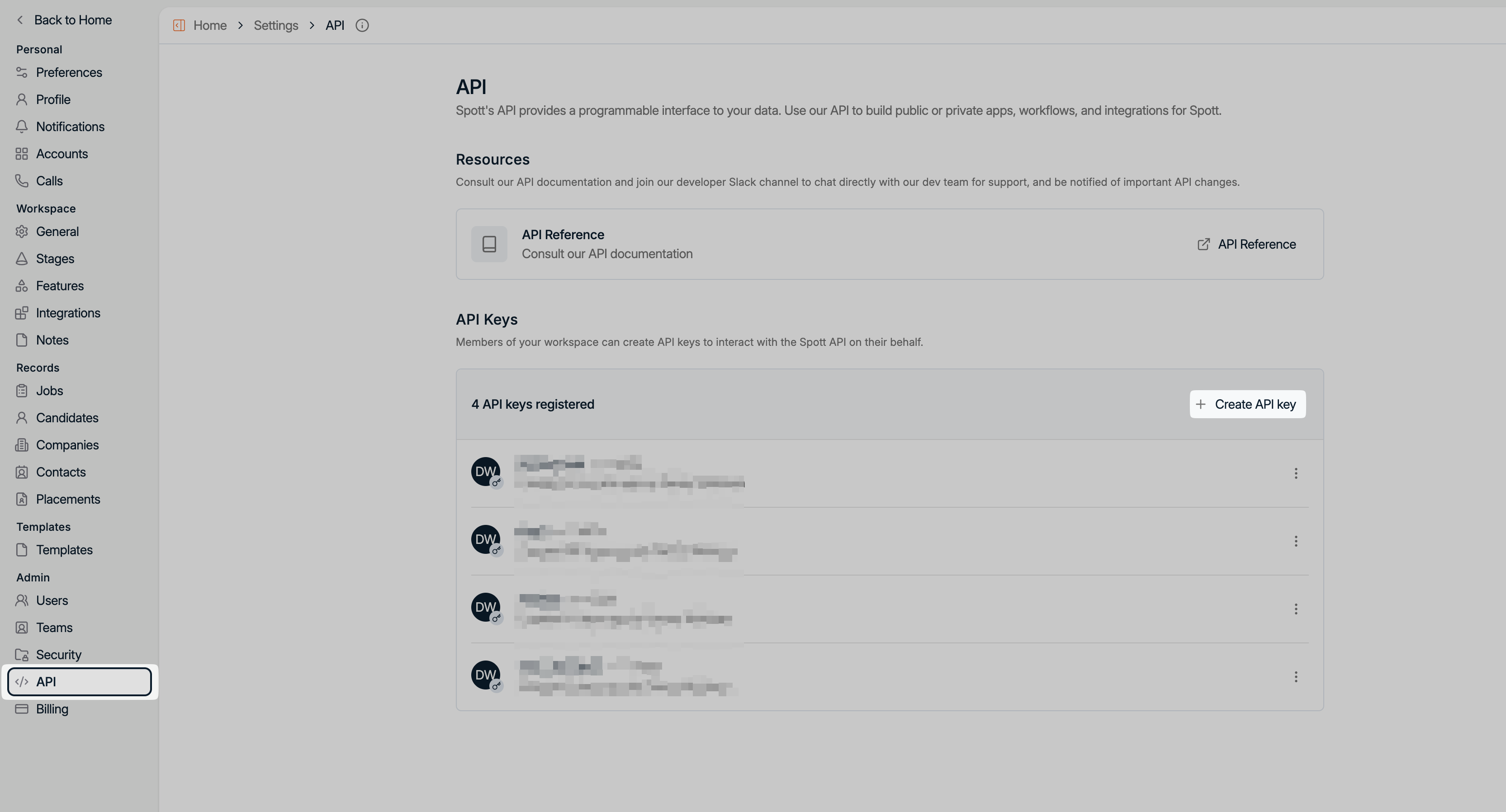 API section with the Create API Key button