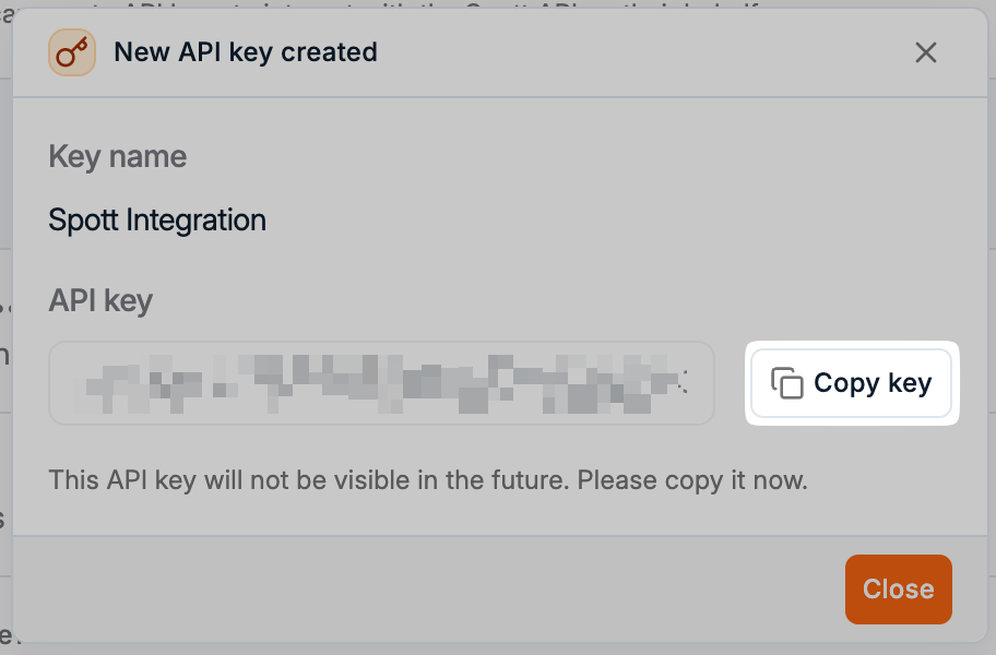 Copy key button for the generated API key