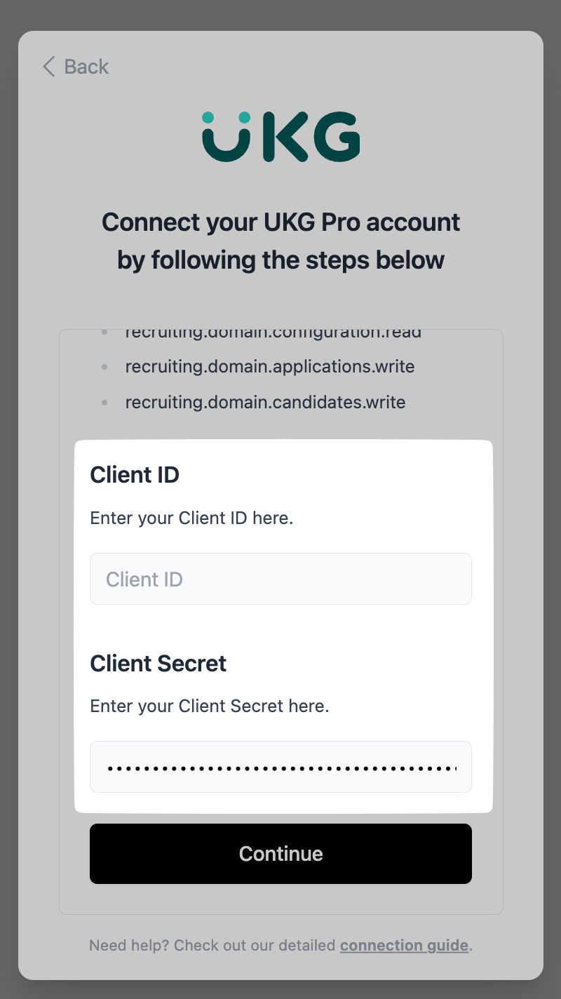 Entering the client id and client secret in the connection flow