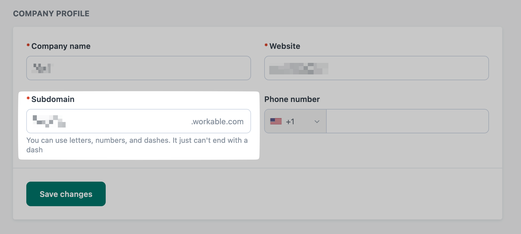 Subdomain on the company profile settings page