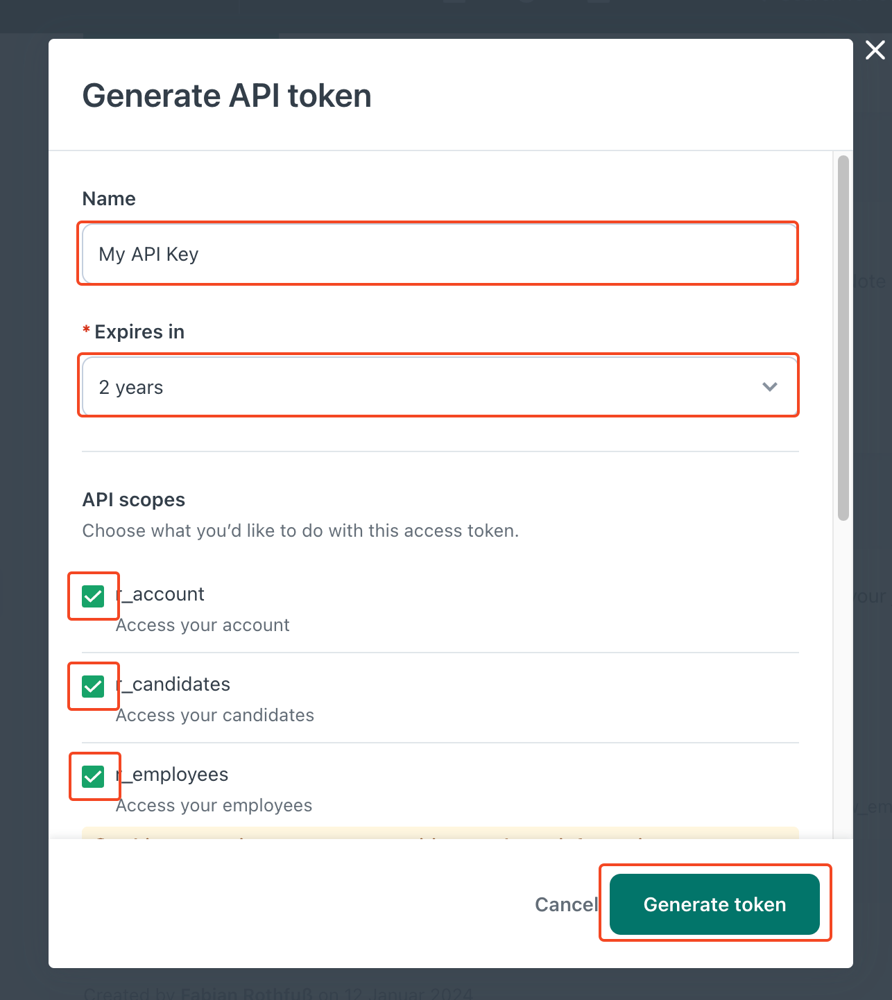 Choosing a name, expiration date, and permissions for the token