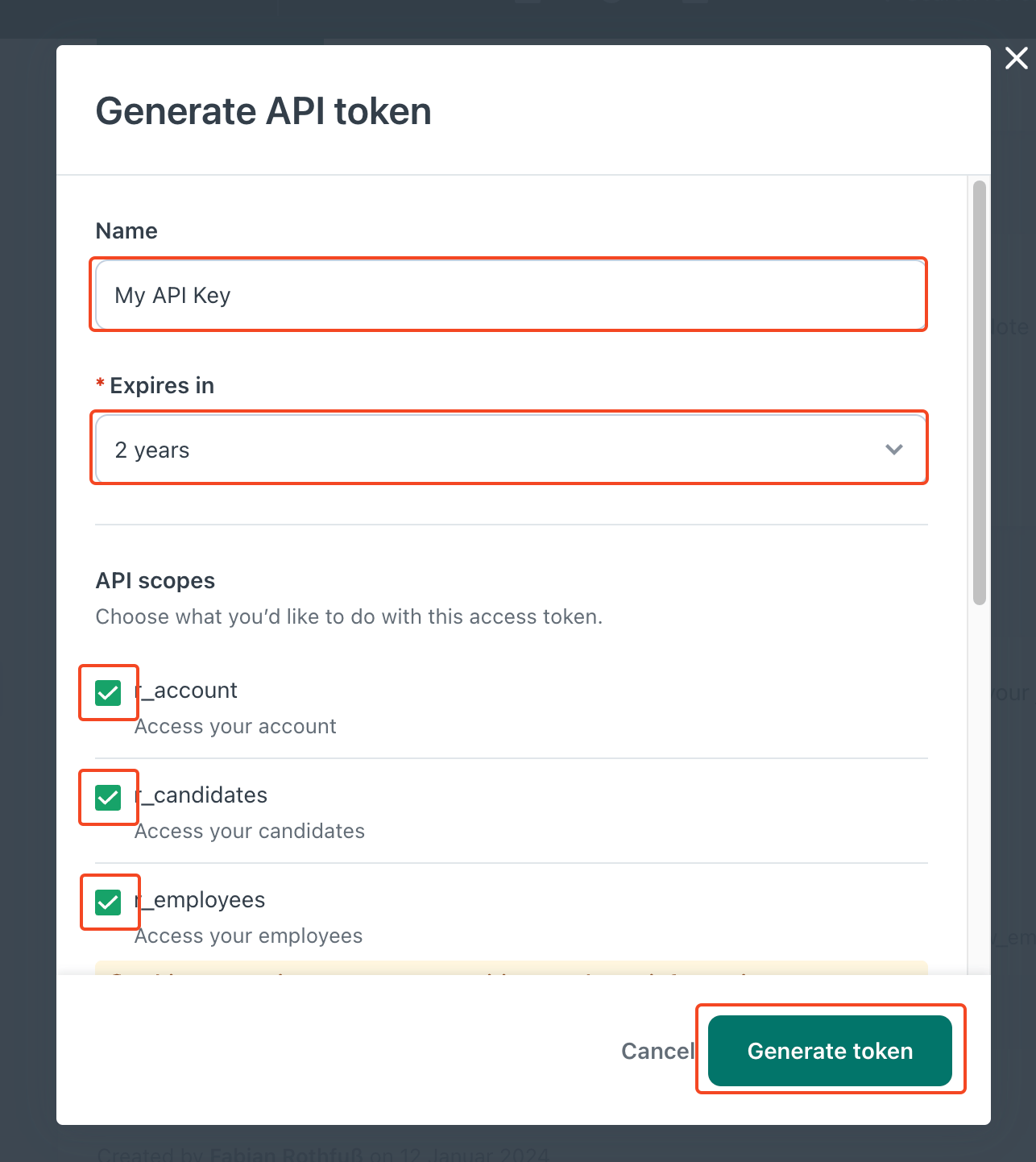 Choosing a name, expiration date, and permissions for the token
