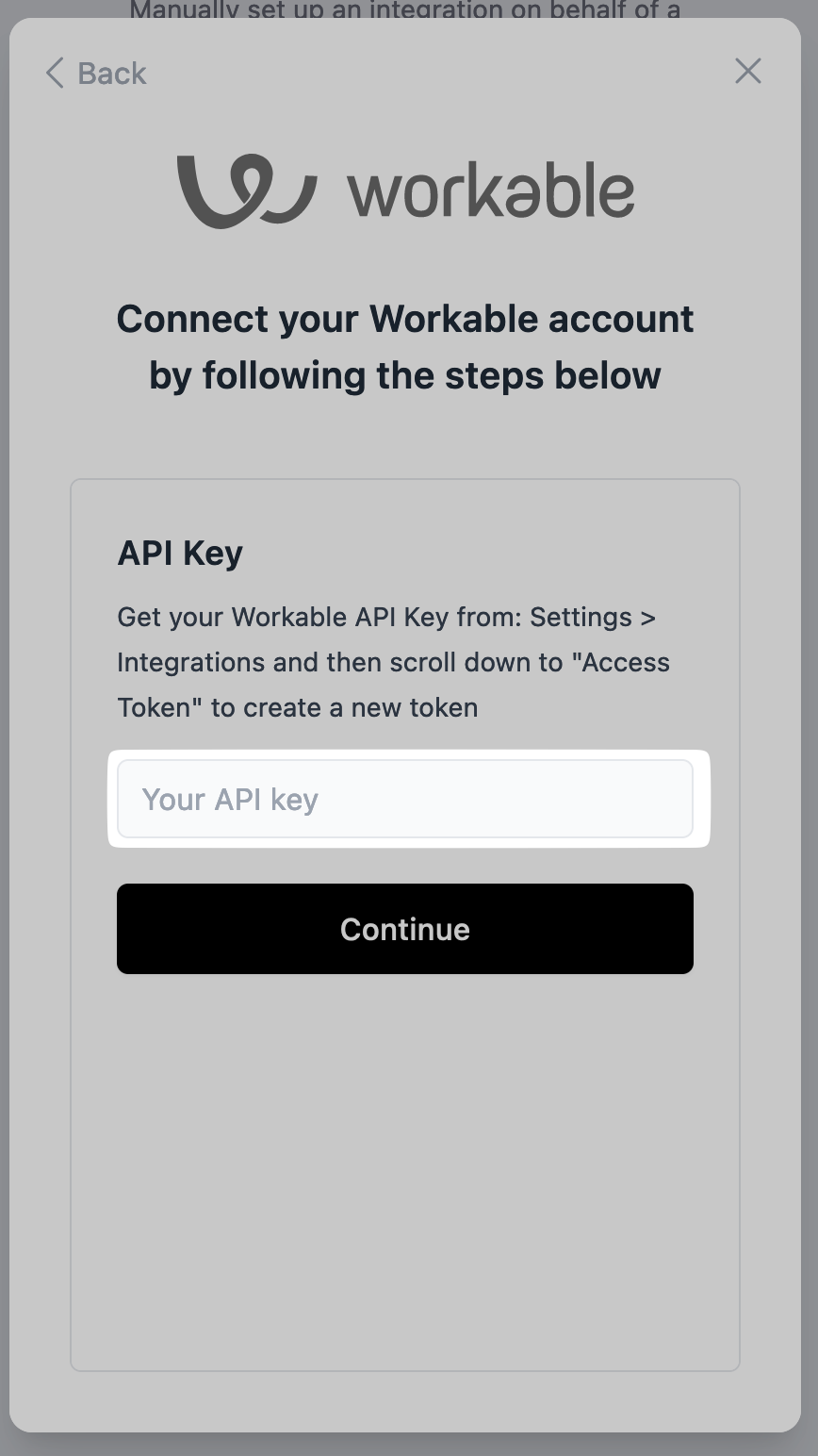 Pasting the API key into the connection flow