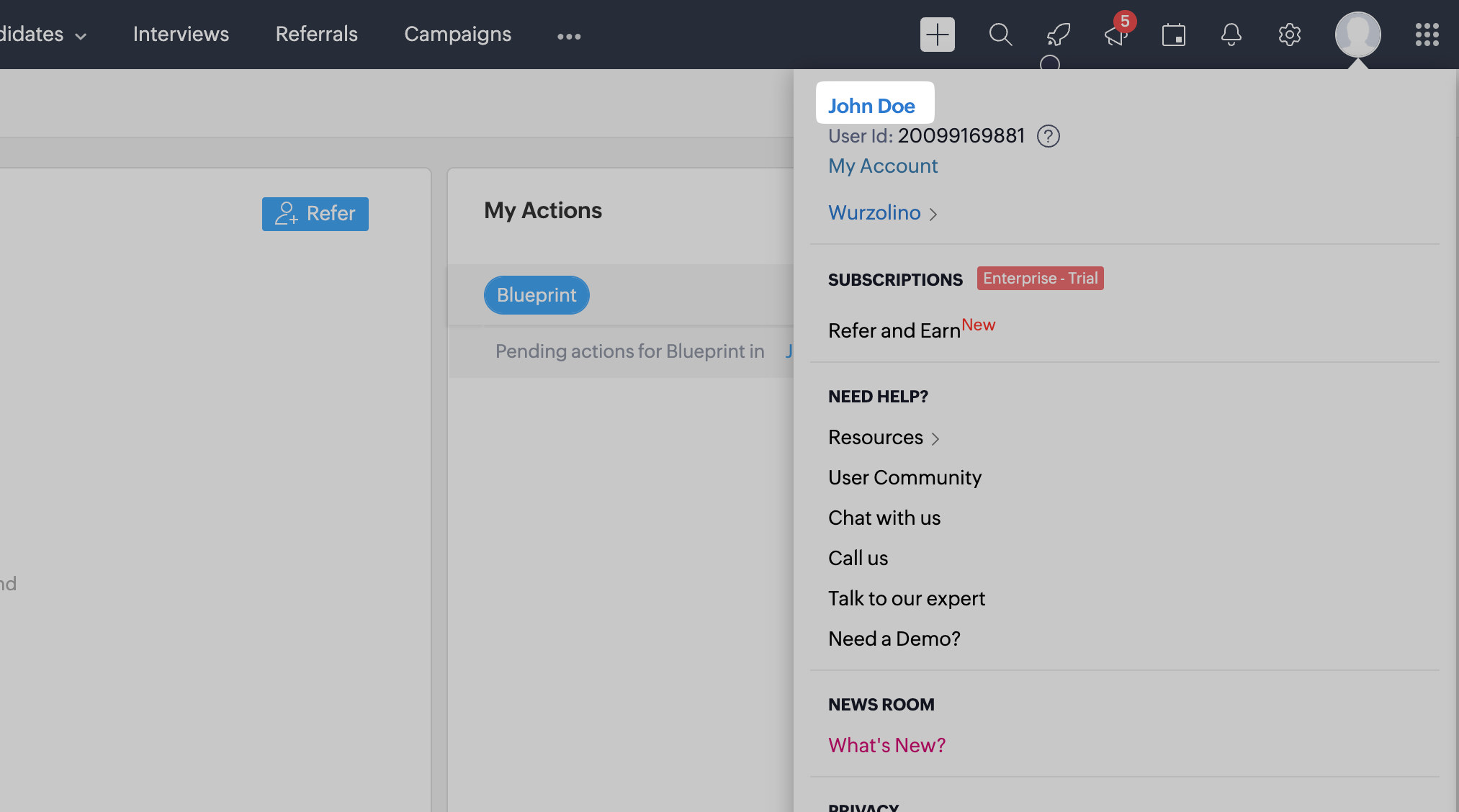 Profile icon menu in Zoho Recruit