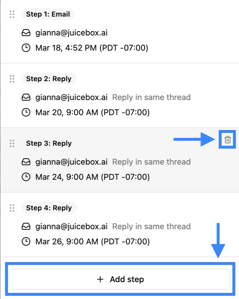 Add step button and trash can icon for removing a step