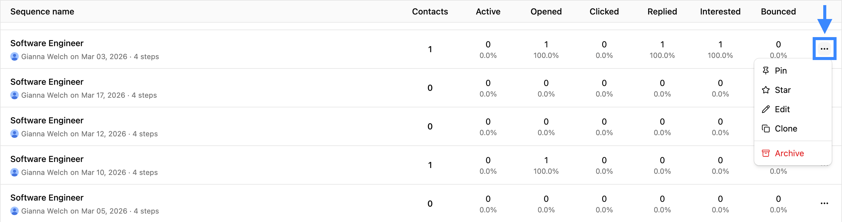 Sequence options menu with edit, clone, and archive actions