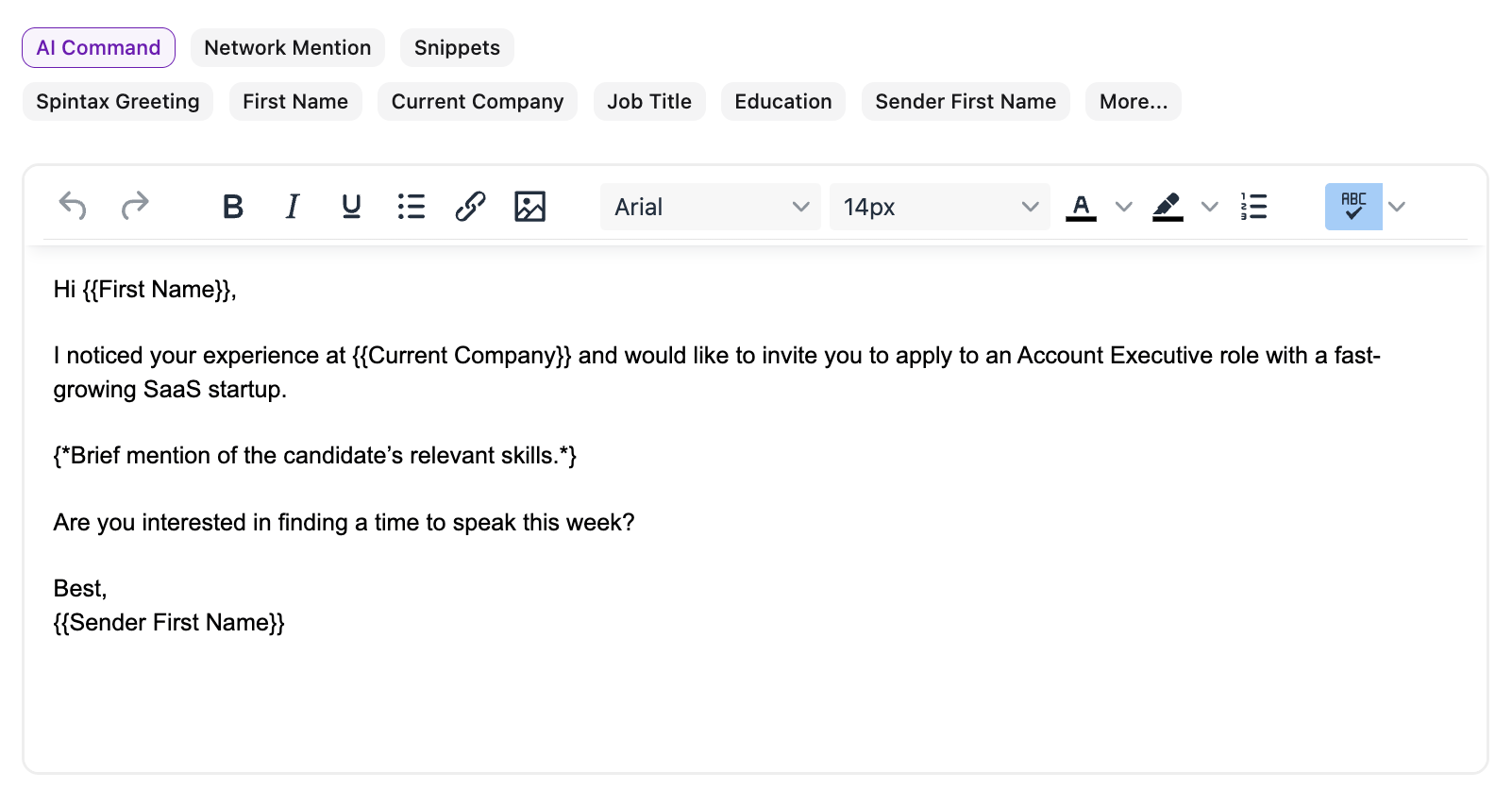 Email editor with AI commands, variables, and formatting options