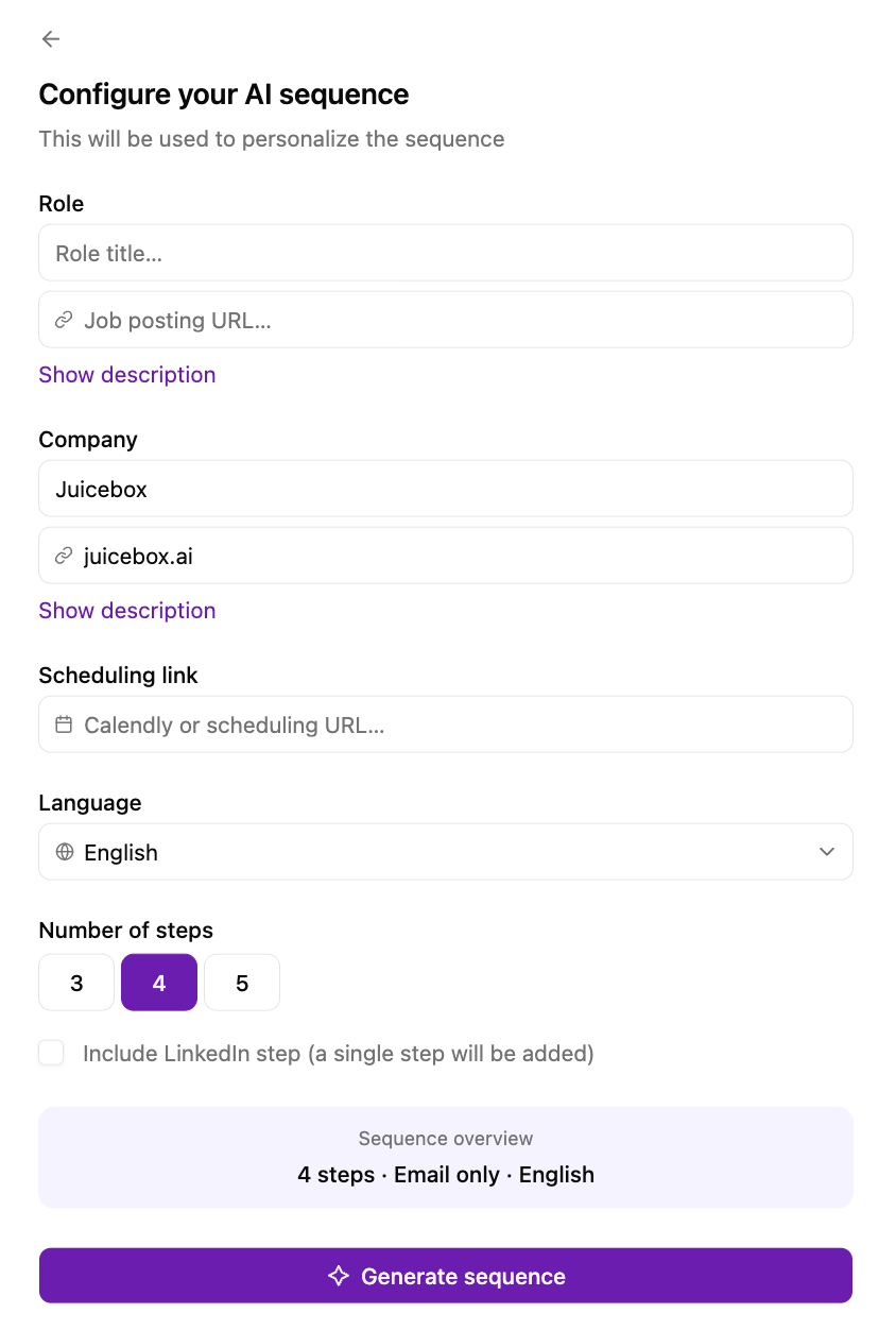 AI sequence generation form with fields for job description, company information, and scheduling link