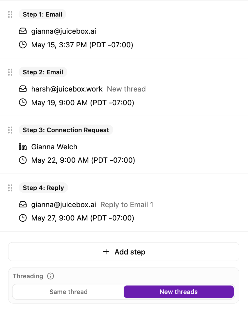 Selecting different sender mailboxes for individual sequence steps