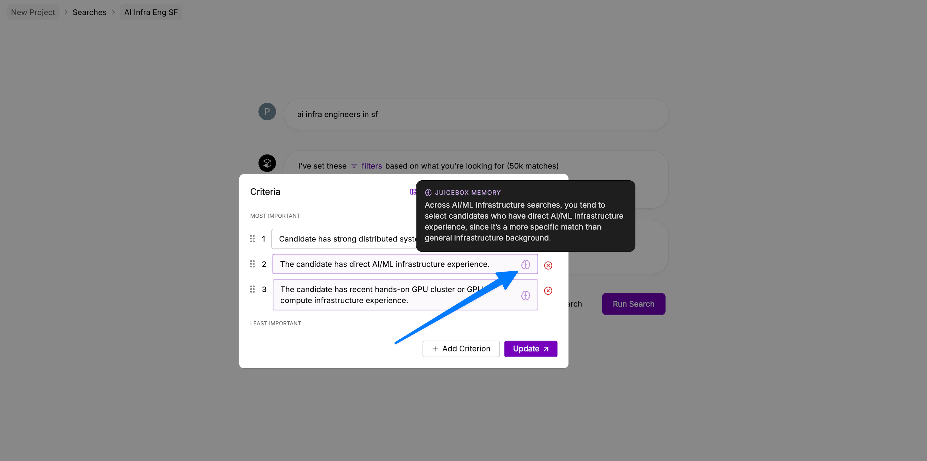 Juicebox Memory tooltip on a criterion explaining why it was suggested
