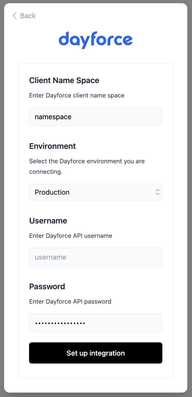 Entering the credentials, Client Name Space, and Environment in the connection flow