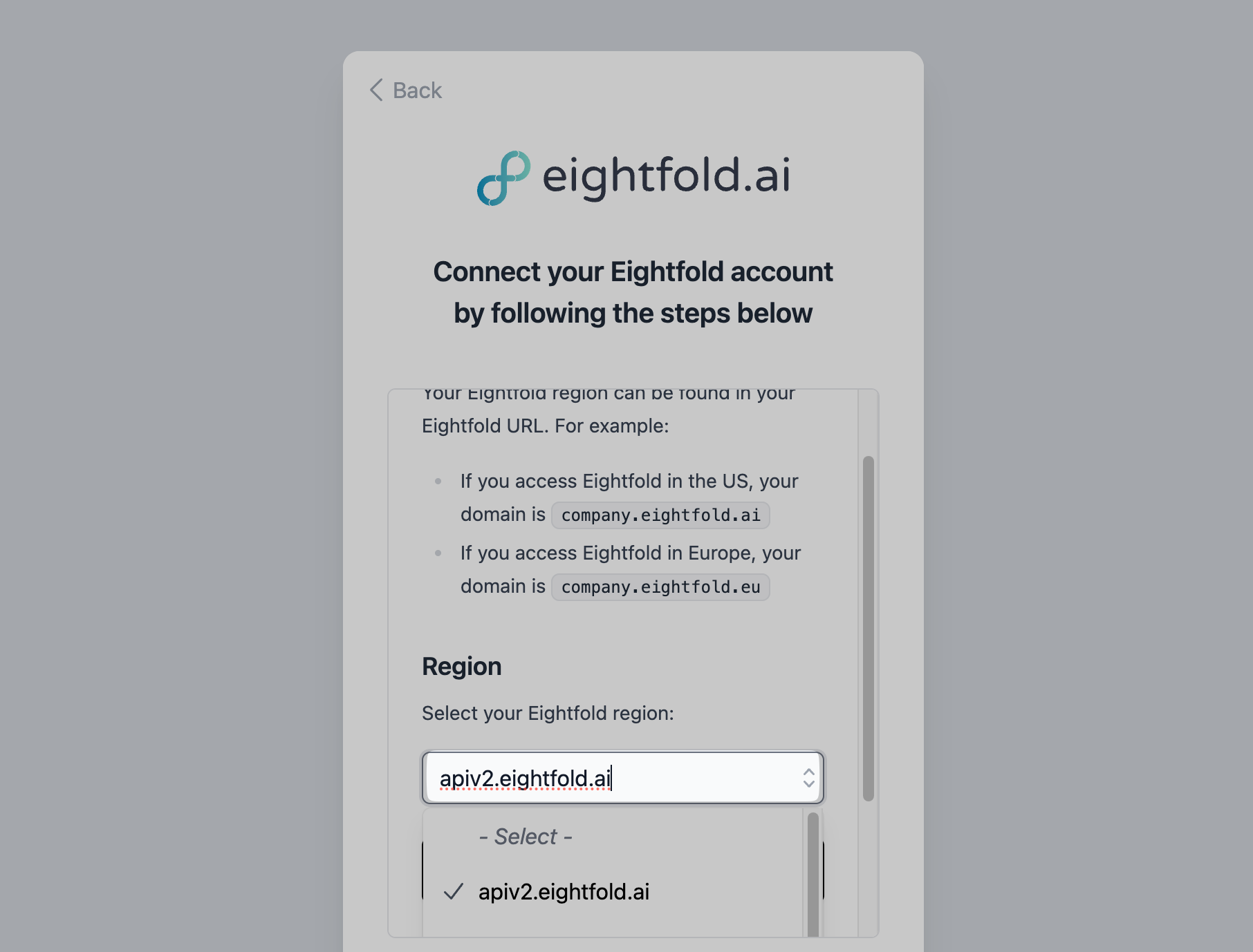 Choosing the Eightfold API region in the connection pop-up