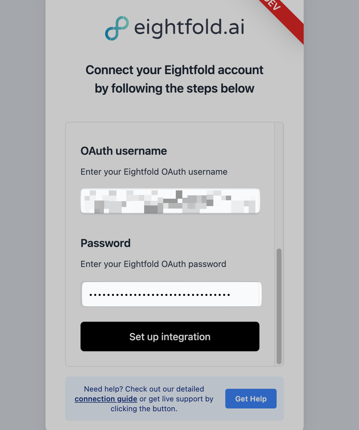 Pasting the credentials into the connection pop-up