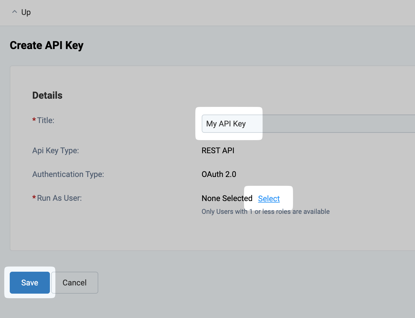 Creating the API key and selecting the API user