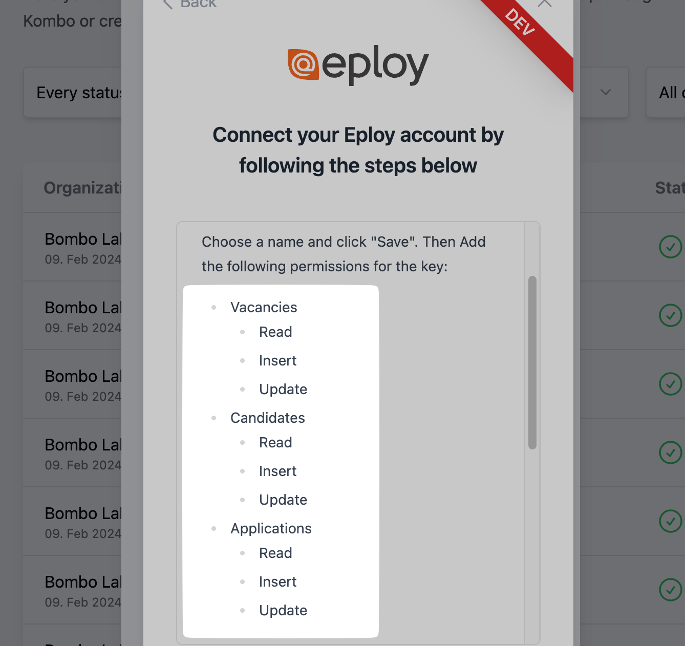Permission list shown in the connection flow