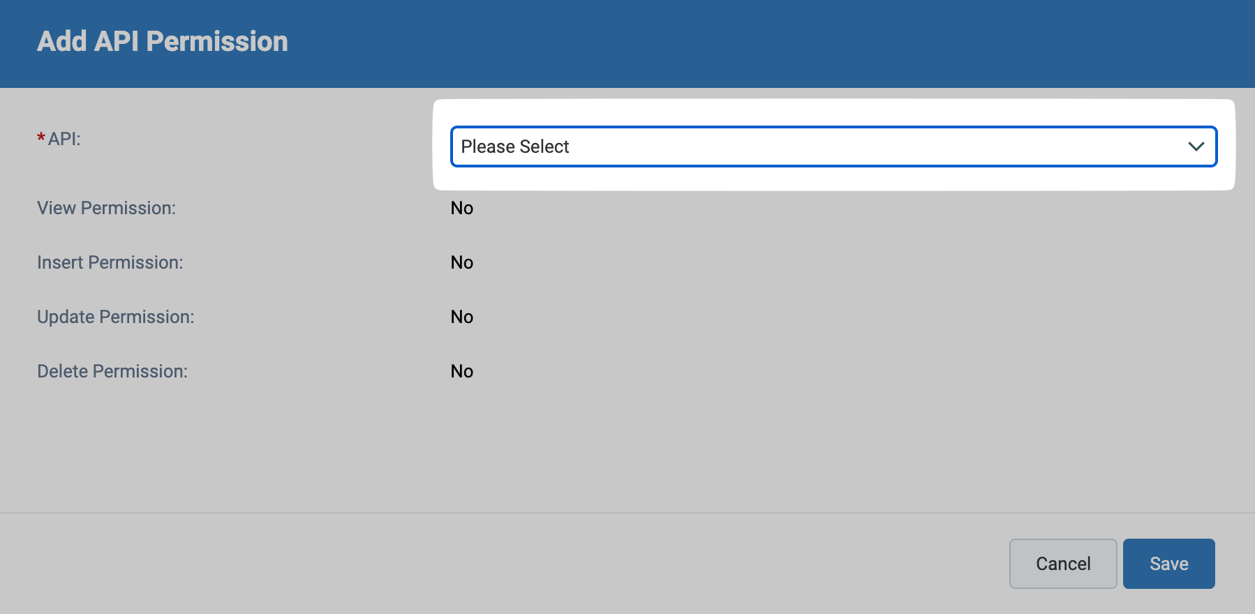 Selecting a permission type in the API dialog