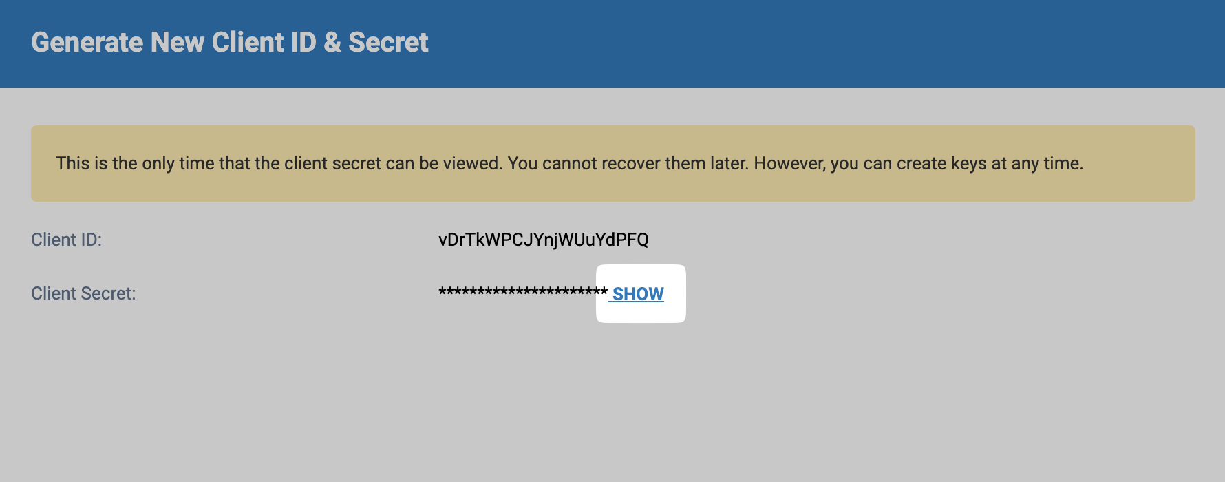 Dialog showing the Client ID and Client Secret