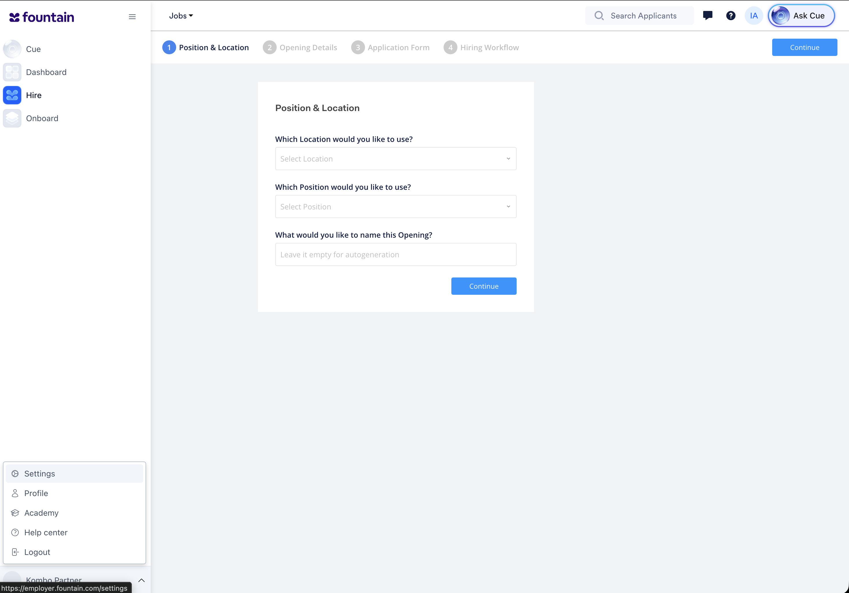 Settings under the account name in Fountain