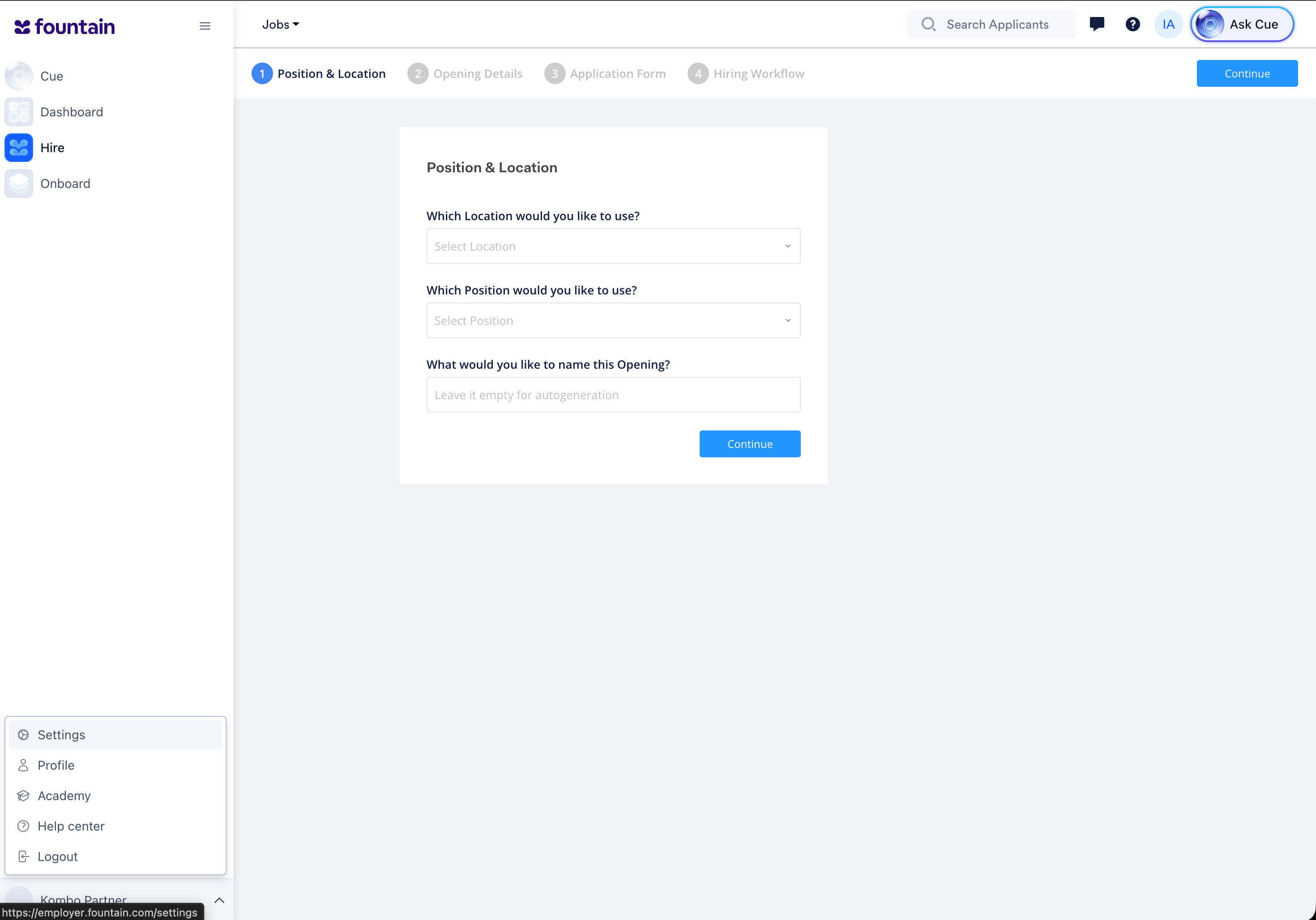 Settings under the account name in Fountain