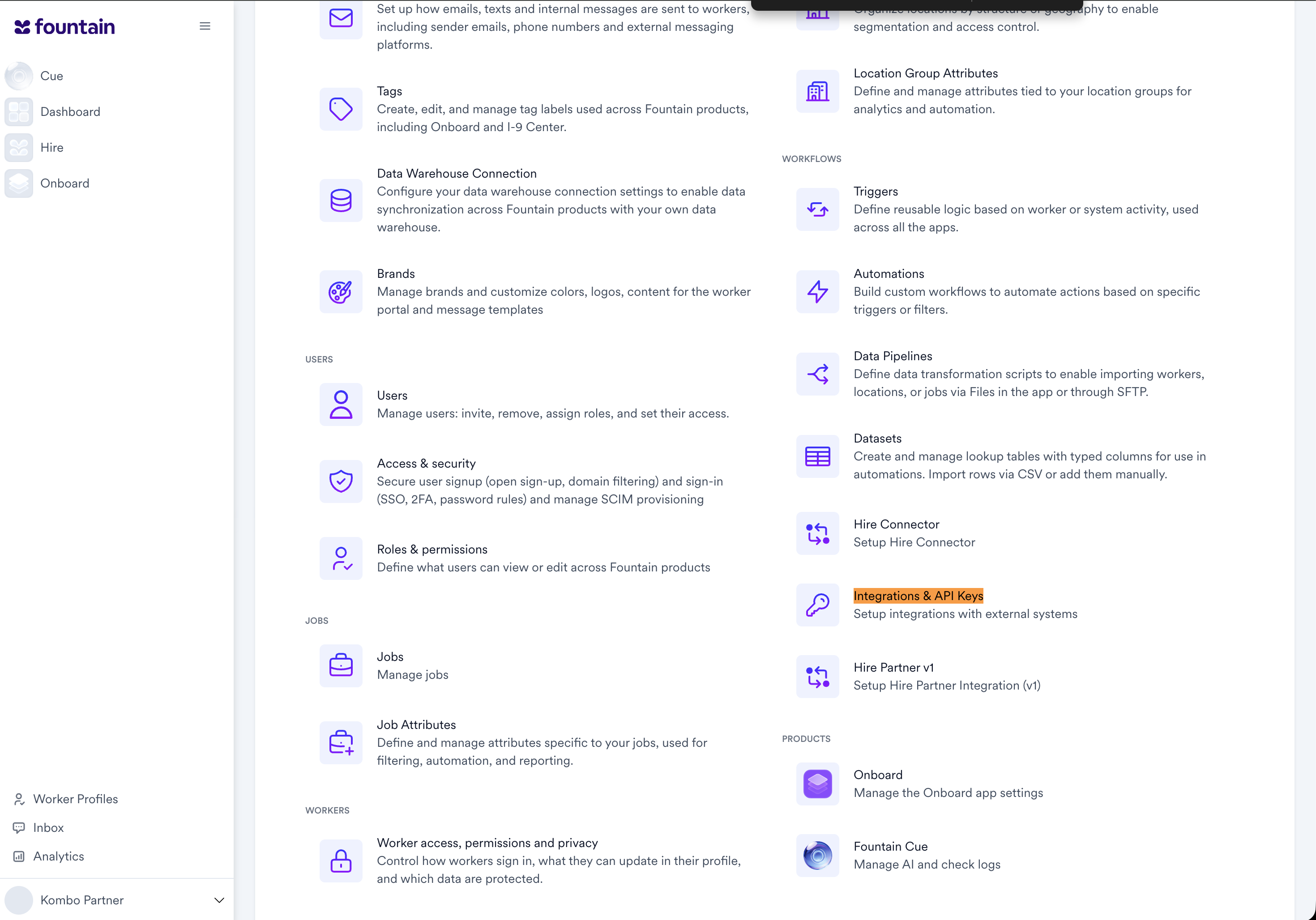 Integrations and API Keys in the Workflows group
