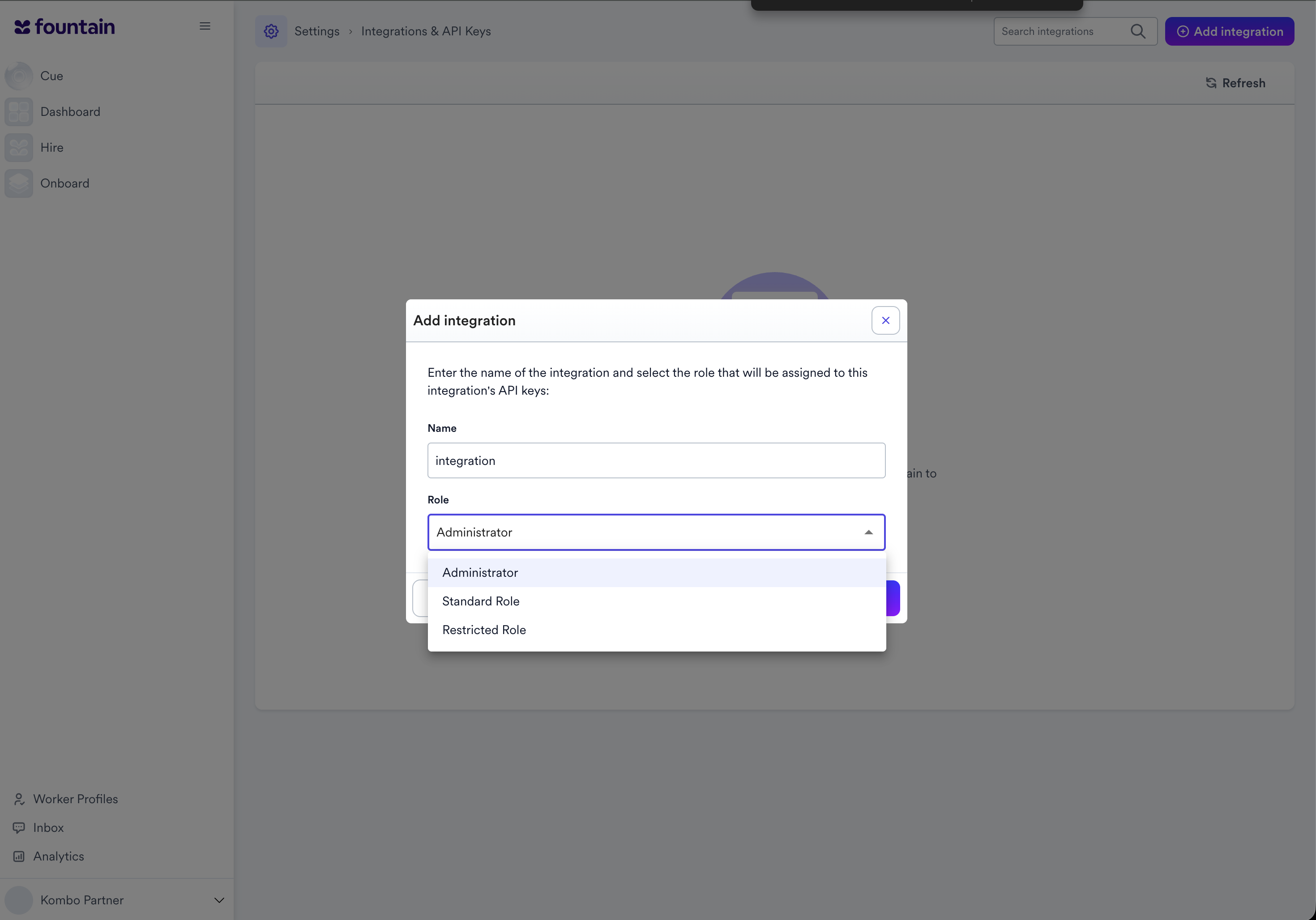 Adding an integration with a name and role
