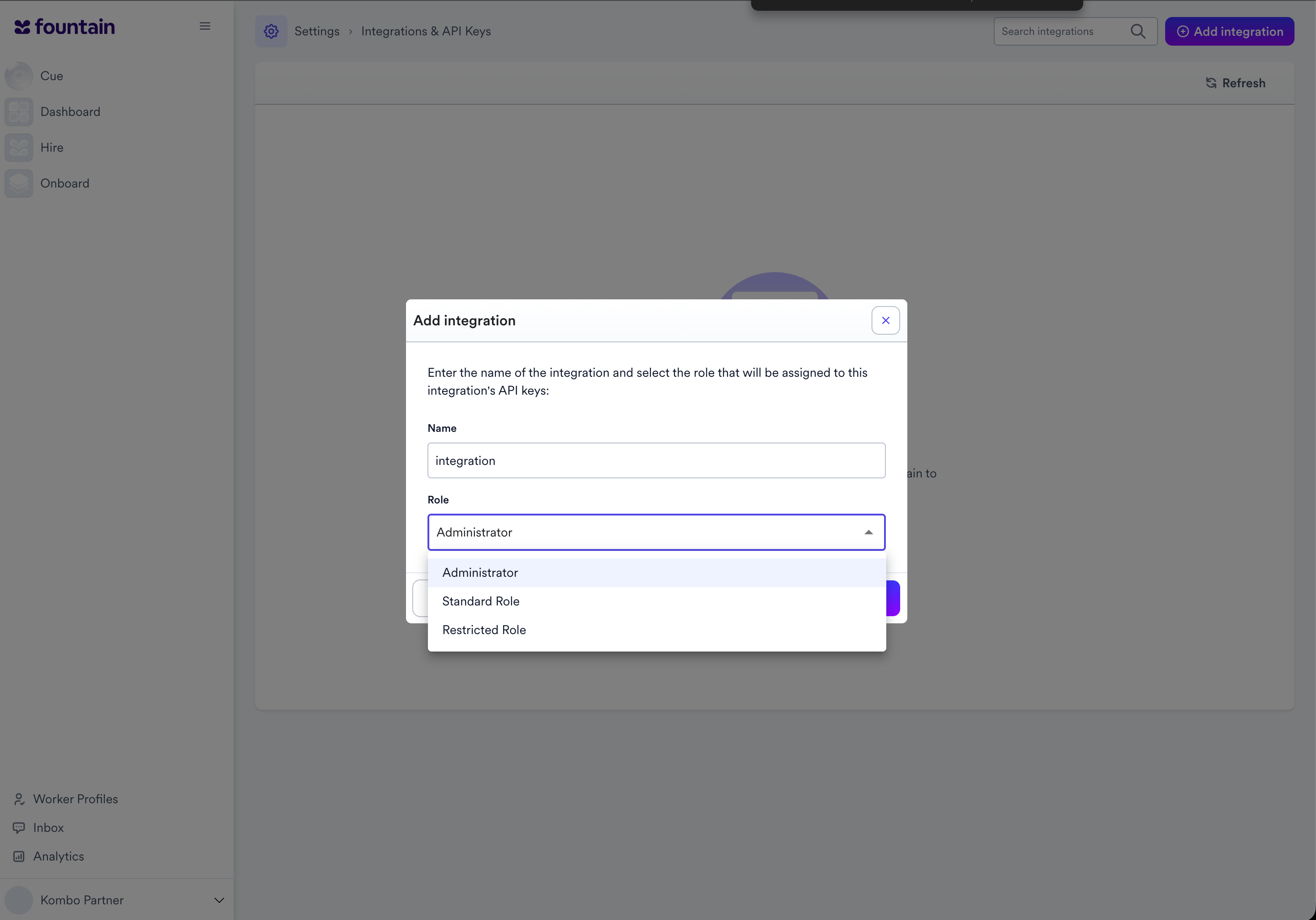 Adding an integration with a name and role