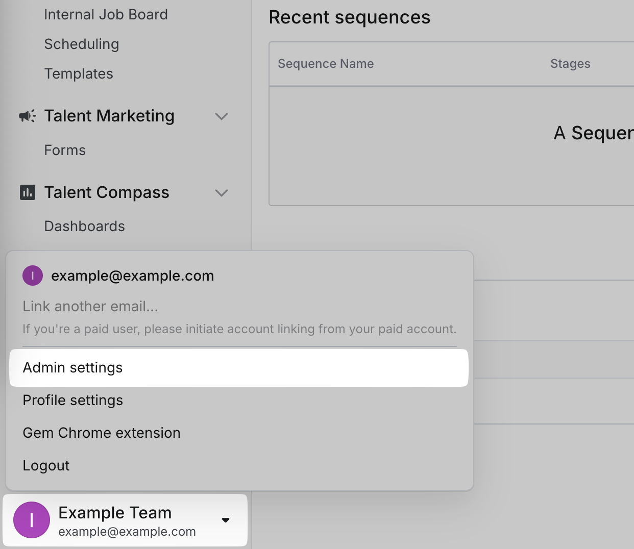 Admin Settings in the Gem profile menu