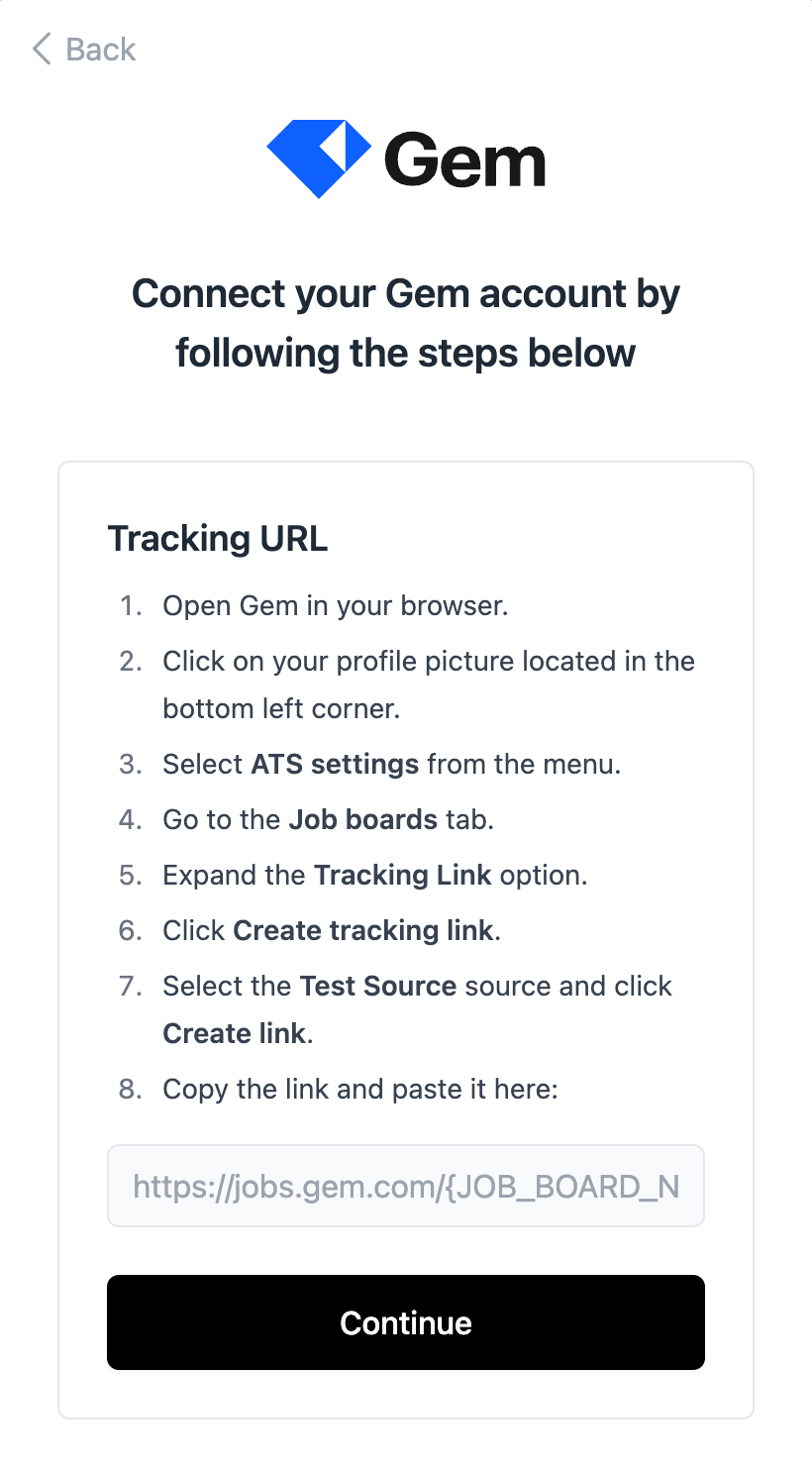 Pasting the tracking link into the connection pop-up