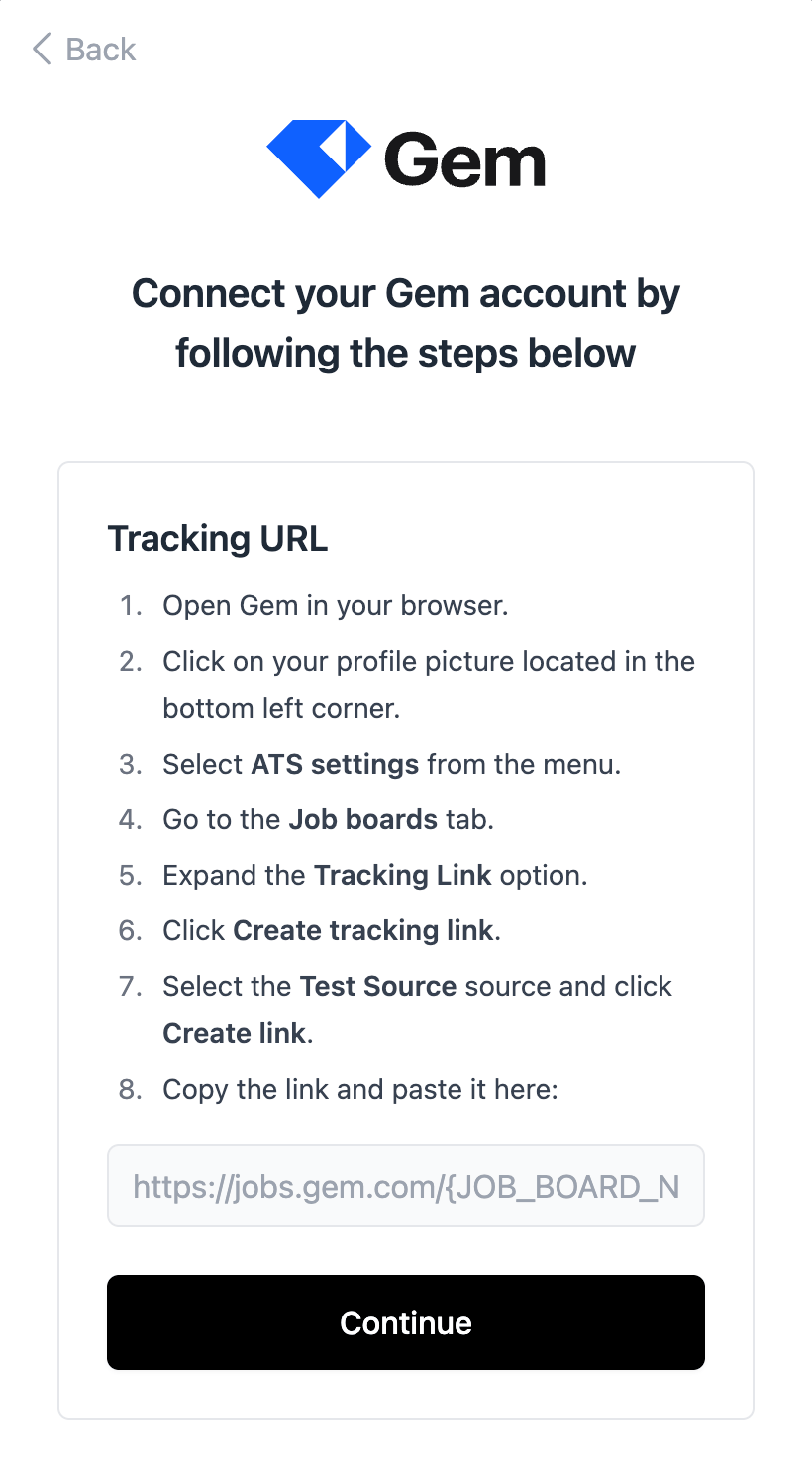 Pasting the tracking link into the connection pop-up