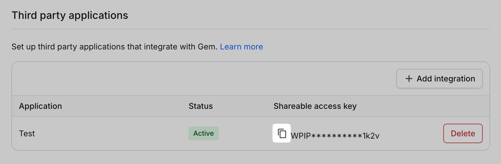 Copying the shareable access key in Gem