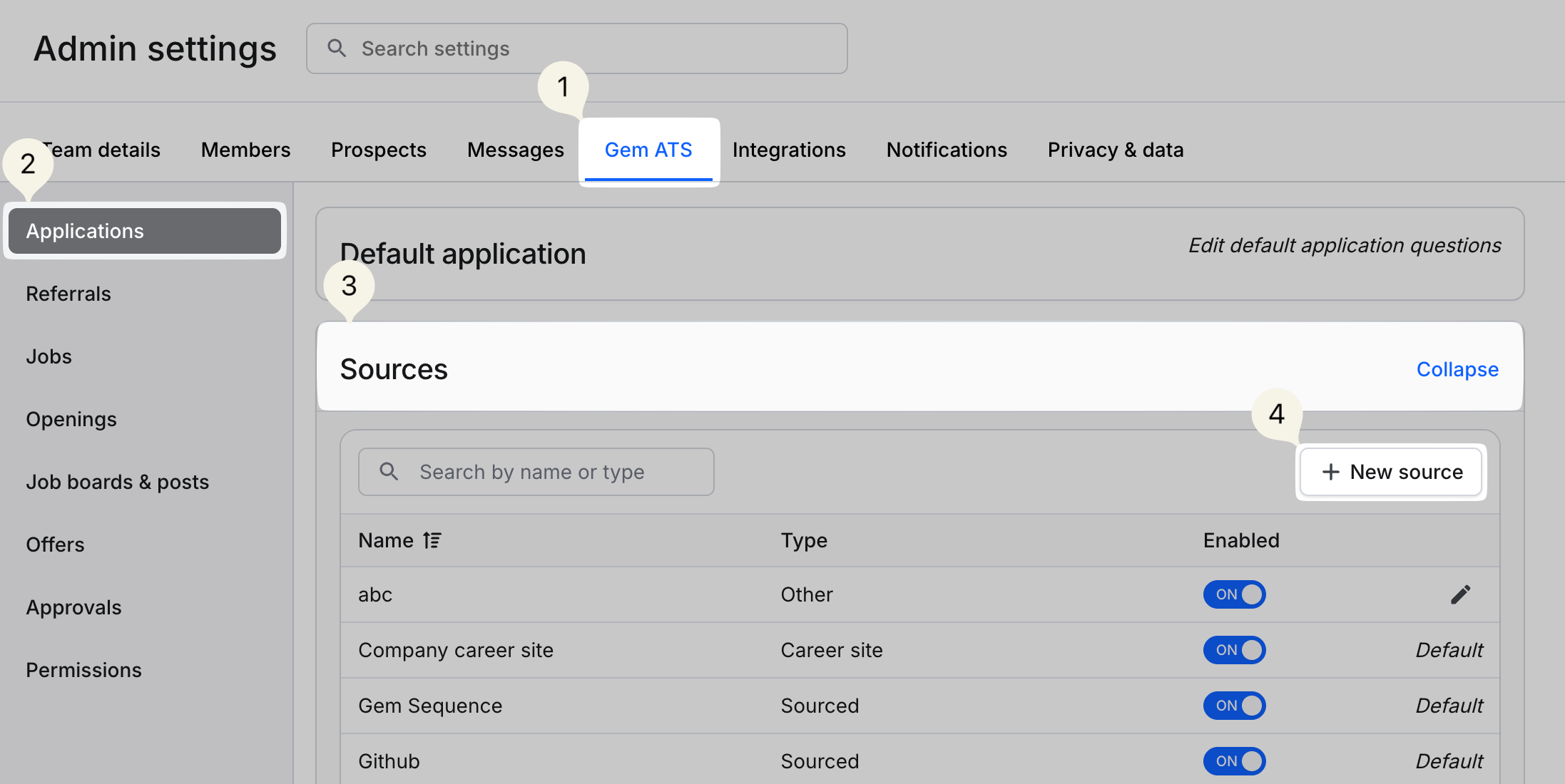 New source under Applications in the Gem ATS tab