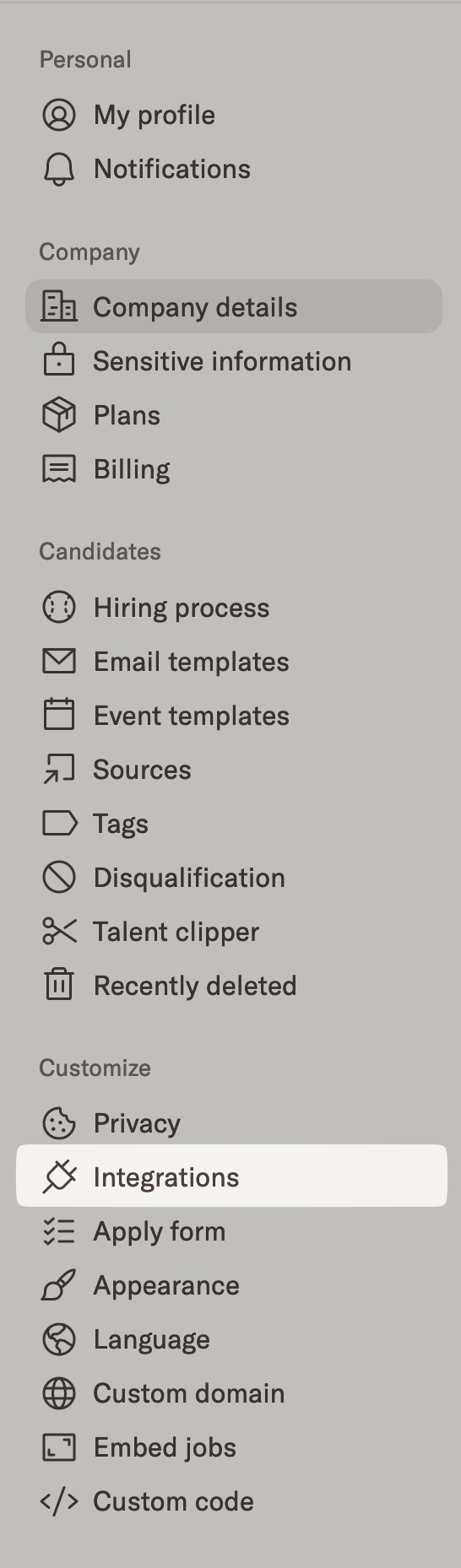 Integrations in the Settings menu