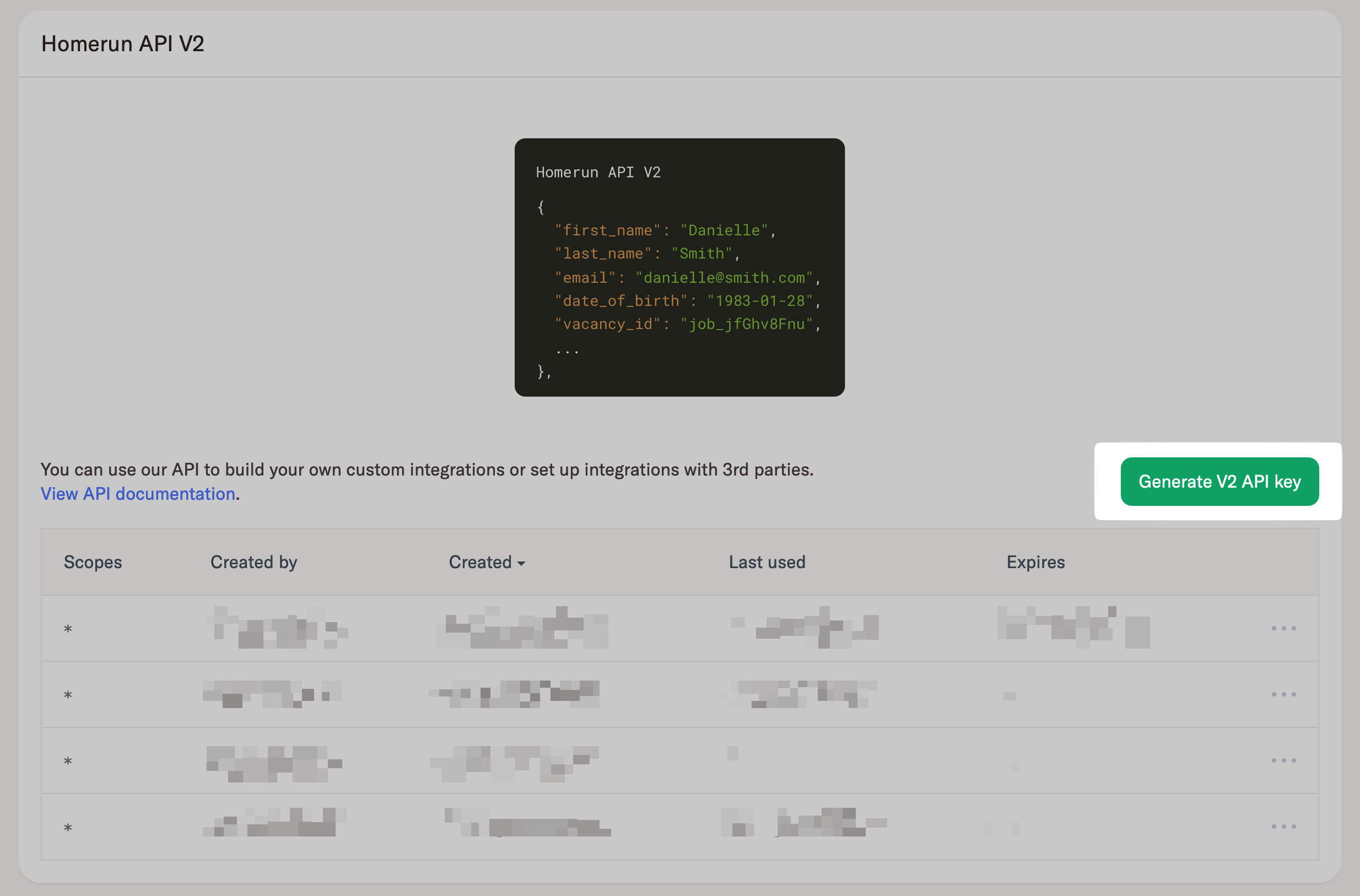 Generate V2 API key button