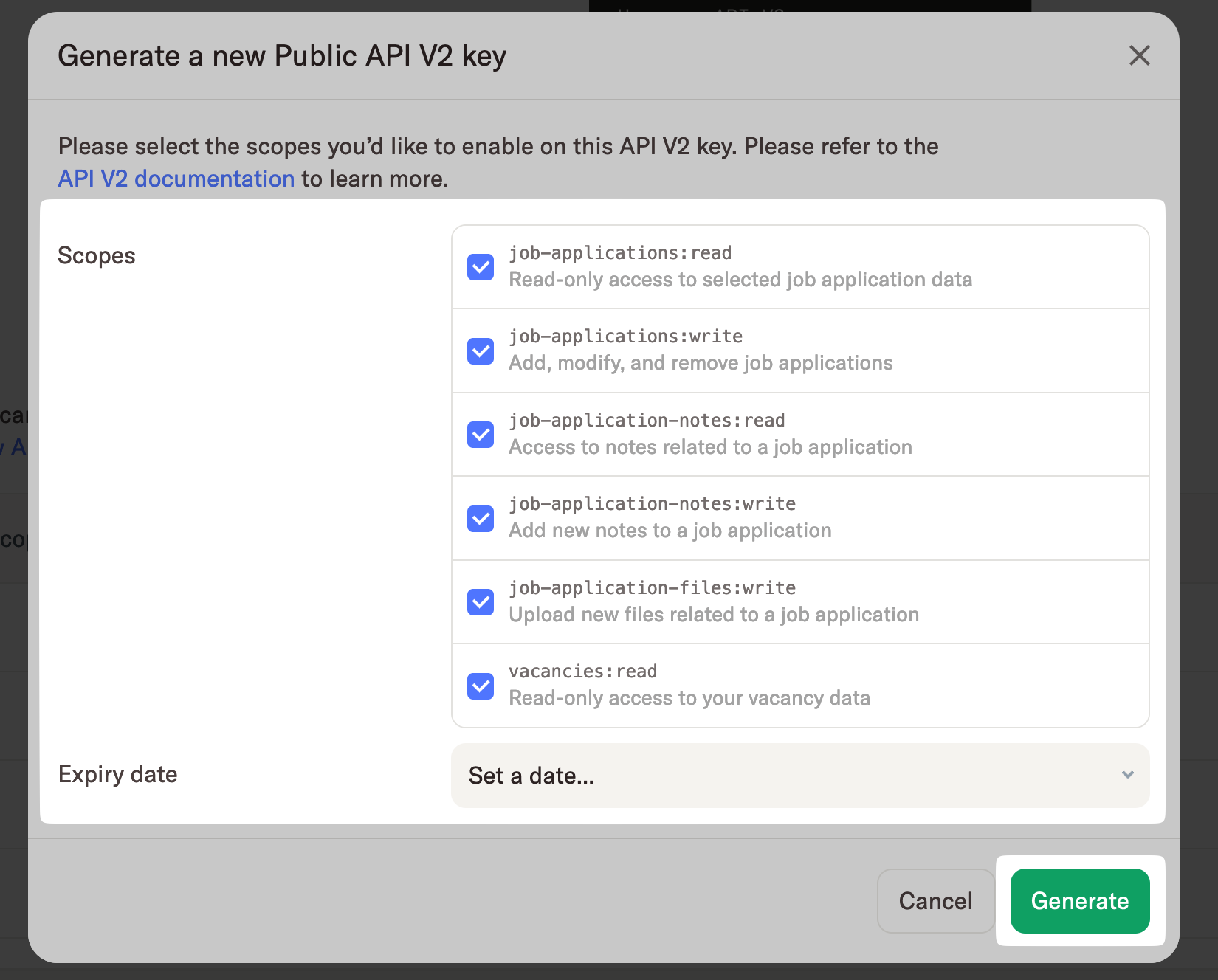 Scopes and expiry date options in the popup