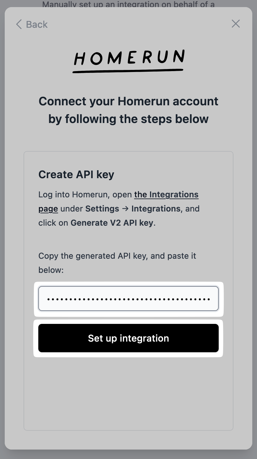 Pasting the API key into the connection pop-up
