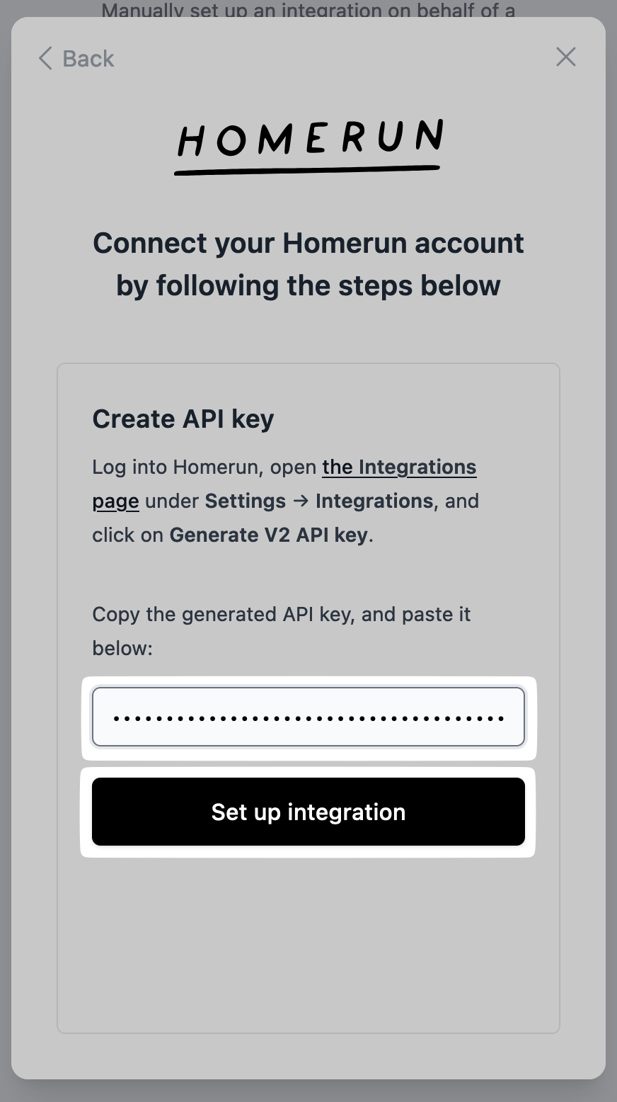 Pasting the API key into the connection pop-up