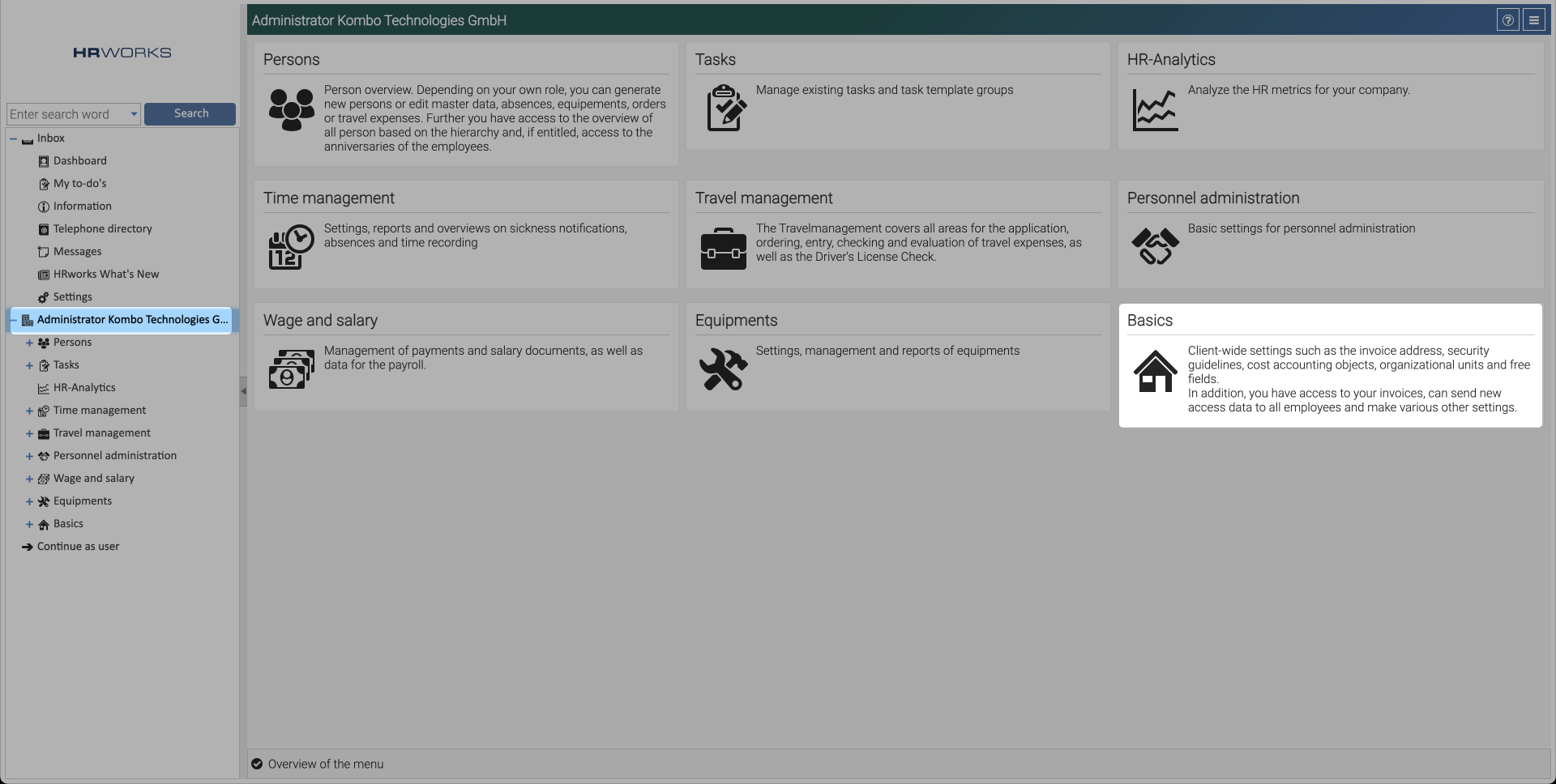 Basics tile in the administrator view