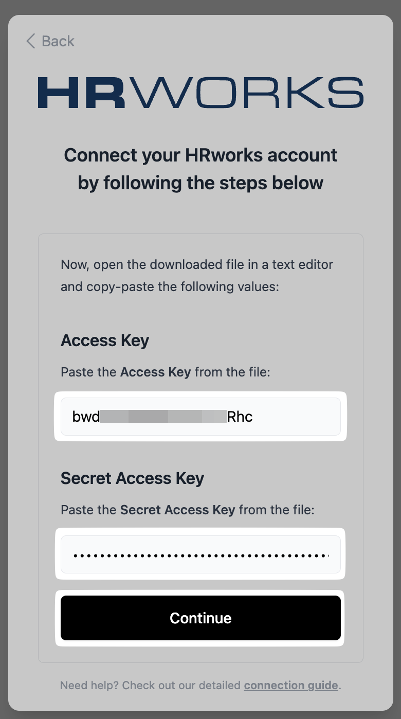 Entering the credentials in the connection flow