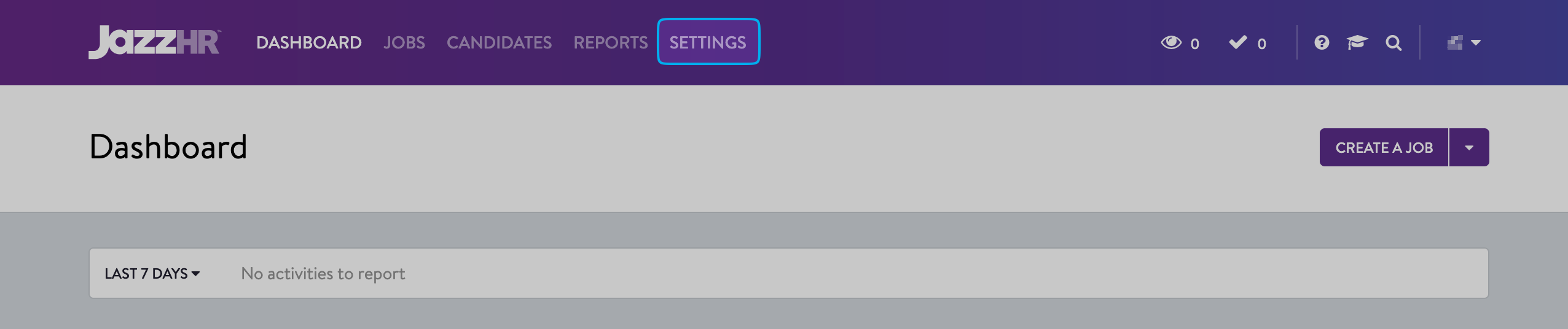 SETTINGS link at the top of JazzHR