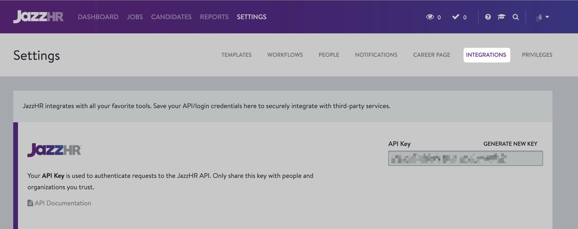 INTEGRATIONS link on the Settings page