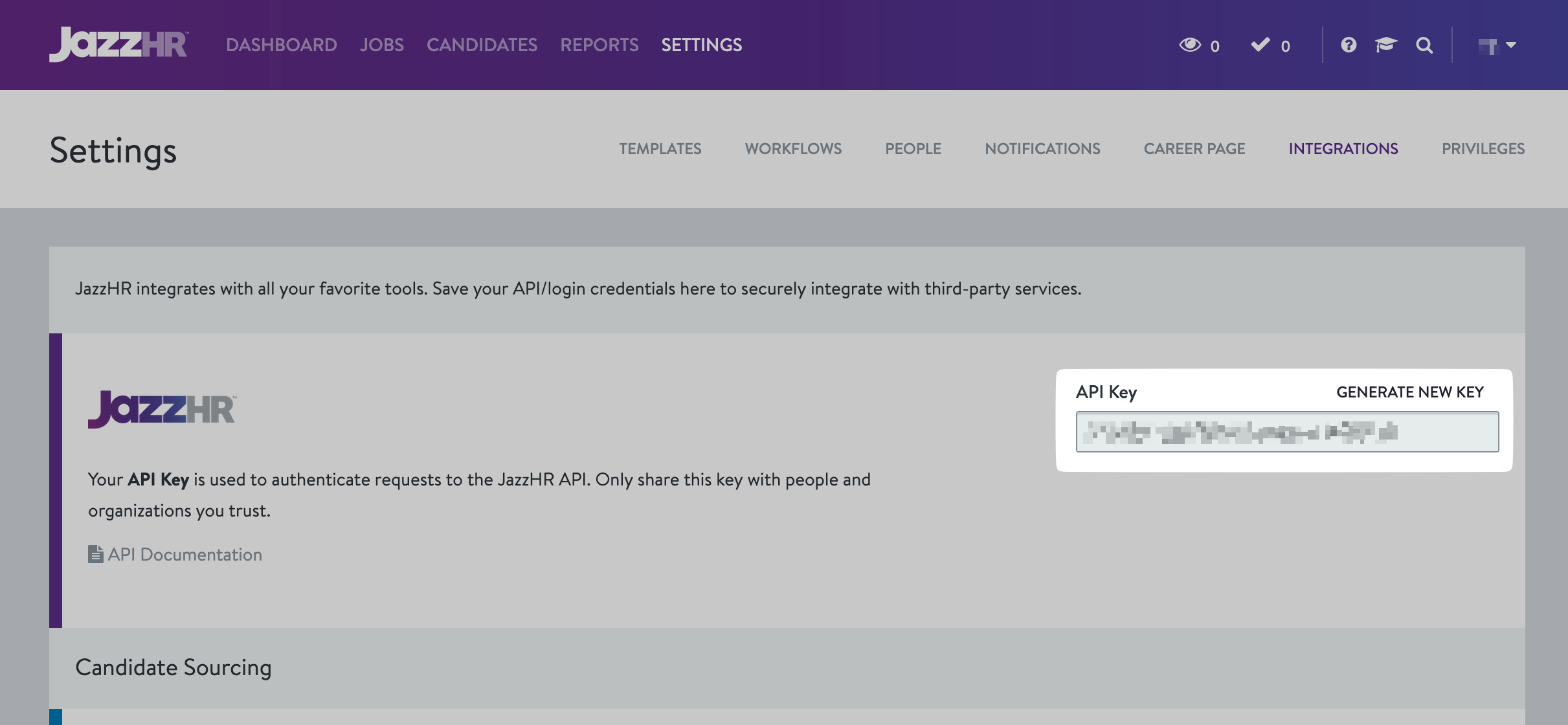 API Key on the Integrations page