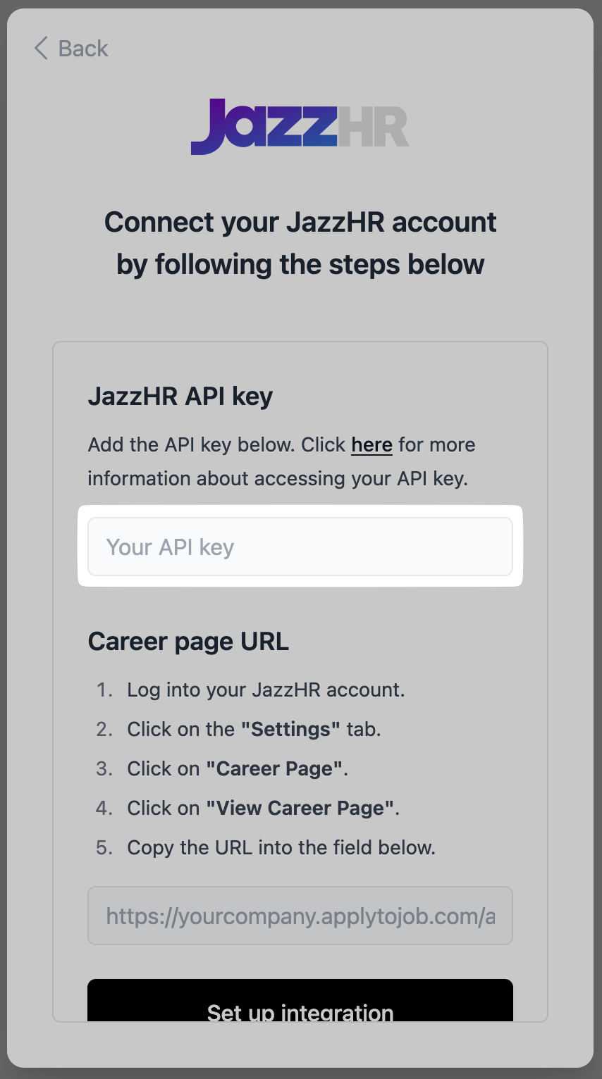 Pasting the API key into the connection flow