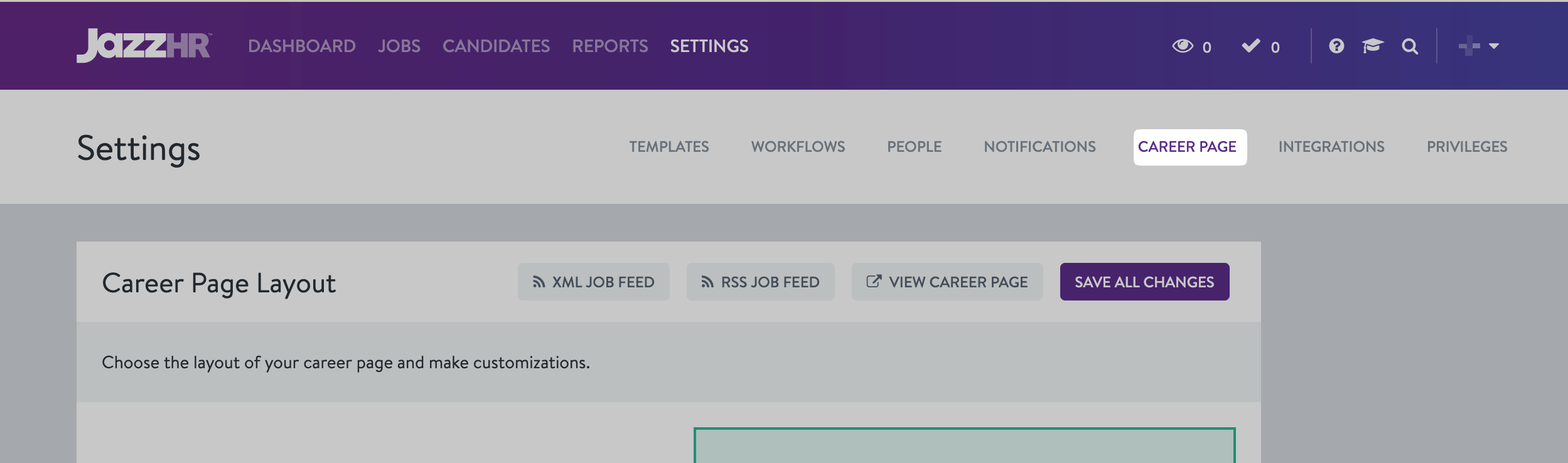 CAREER PAGE link on the Settings page