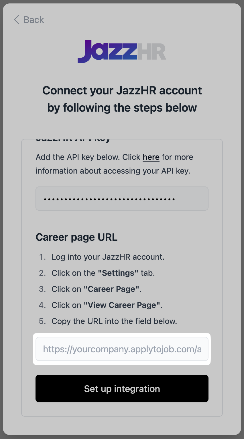 Pasting the career page URL into the connection flow