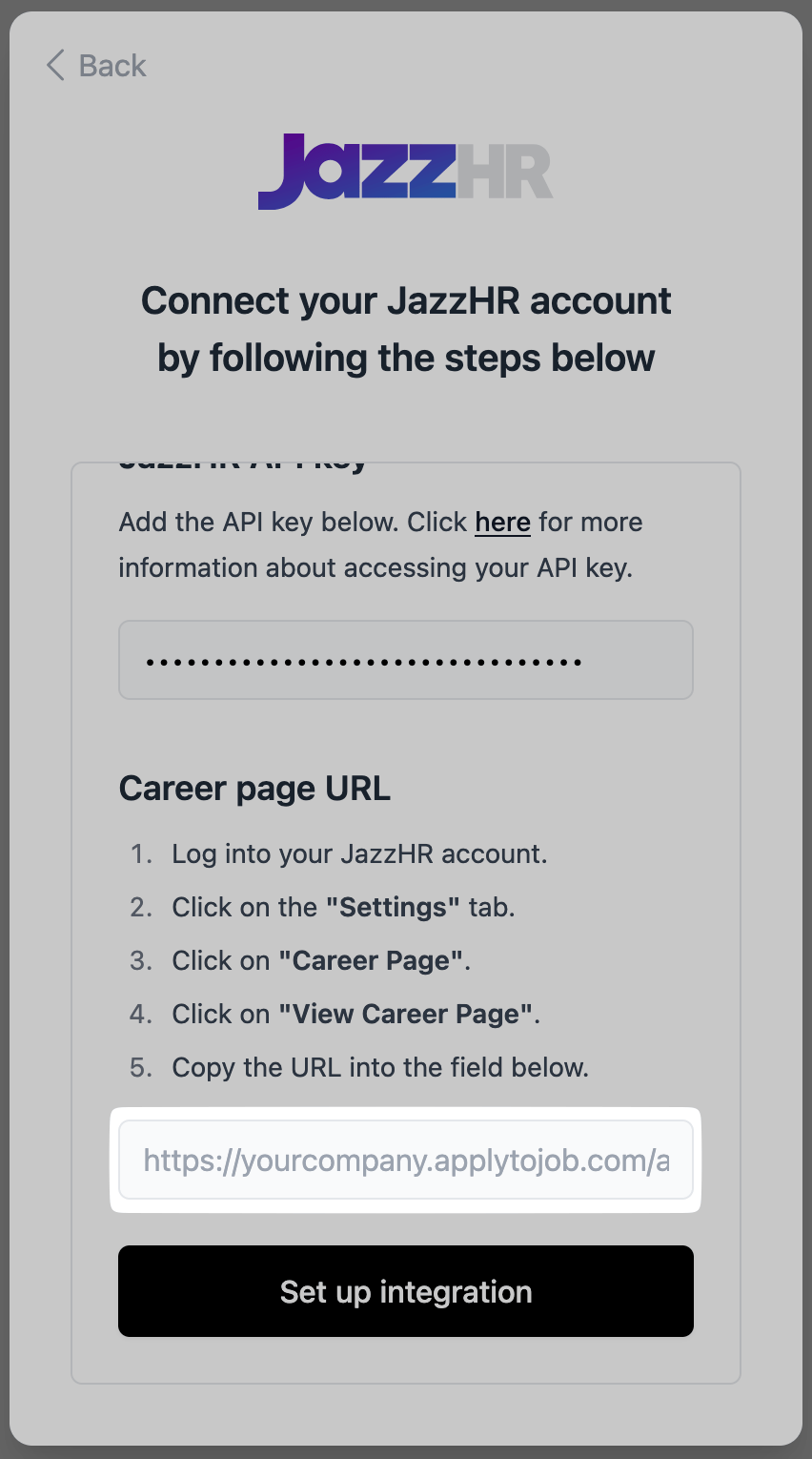 Pasting the career page URL into the connection flow